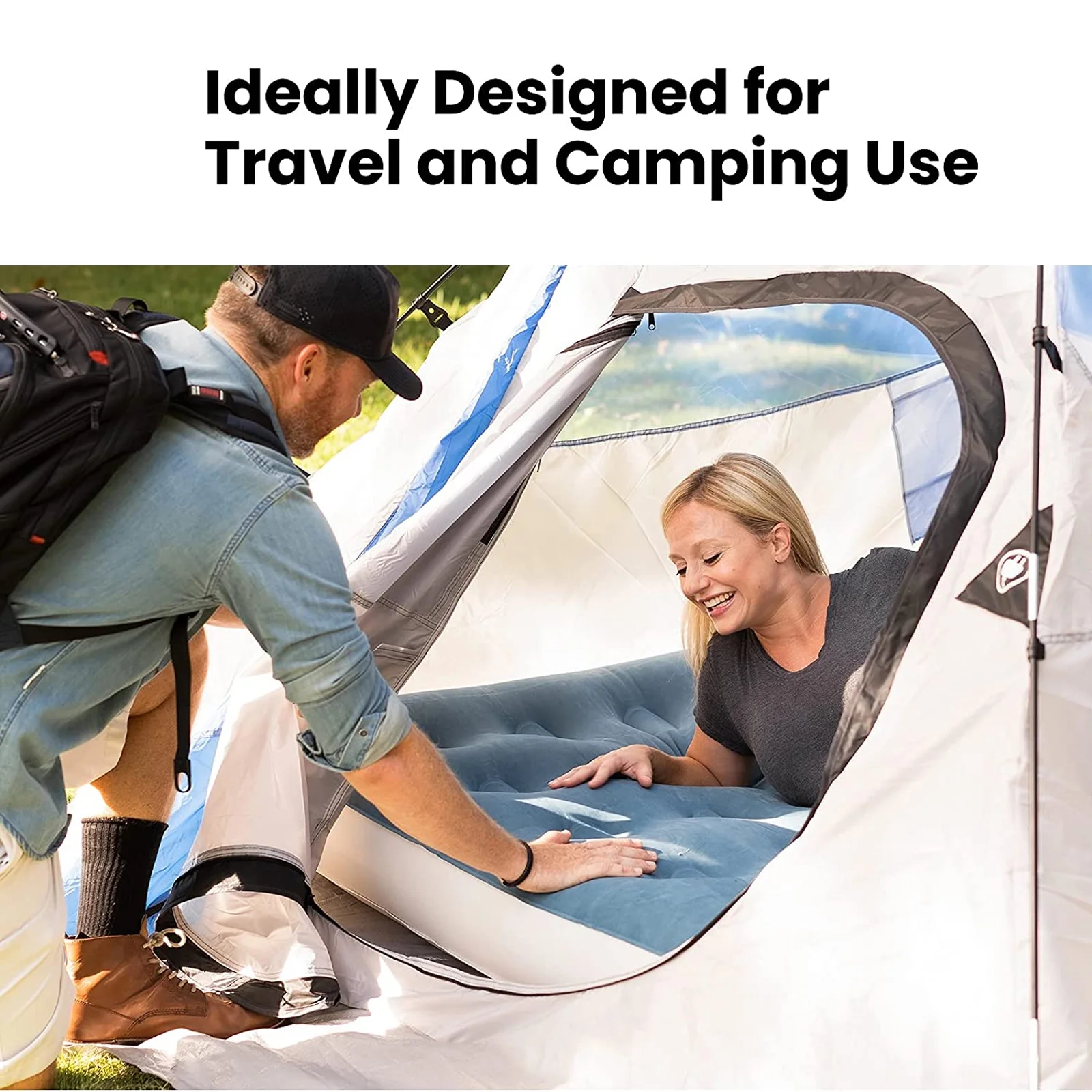 60”H Queen Air Mattress Bed - Portable and Foldable Camping Mattress for Home Travel - Rechargeable Handheld Electric Pump