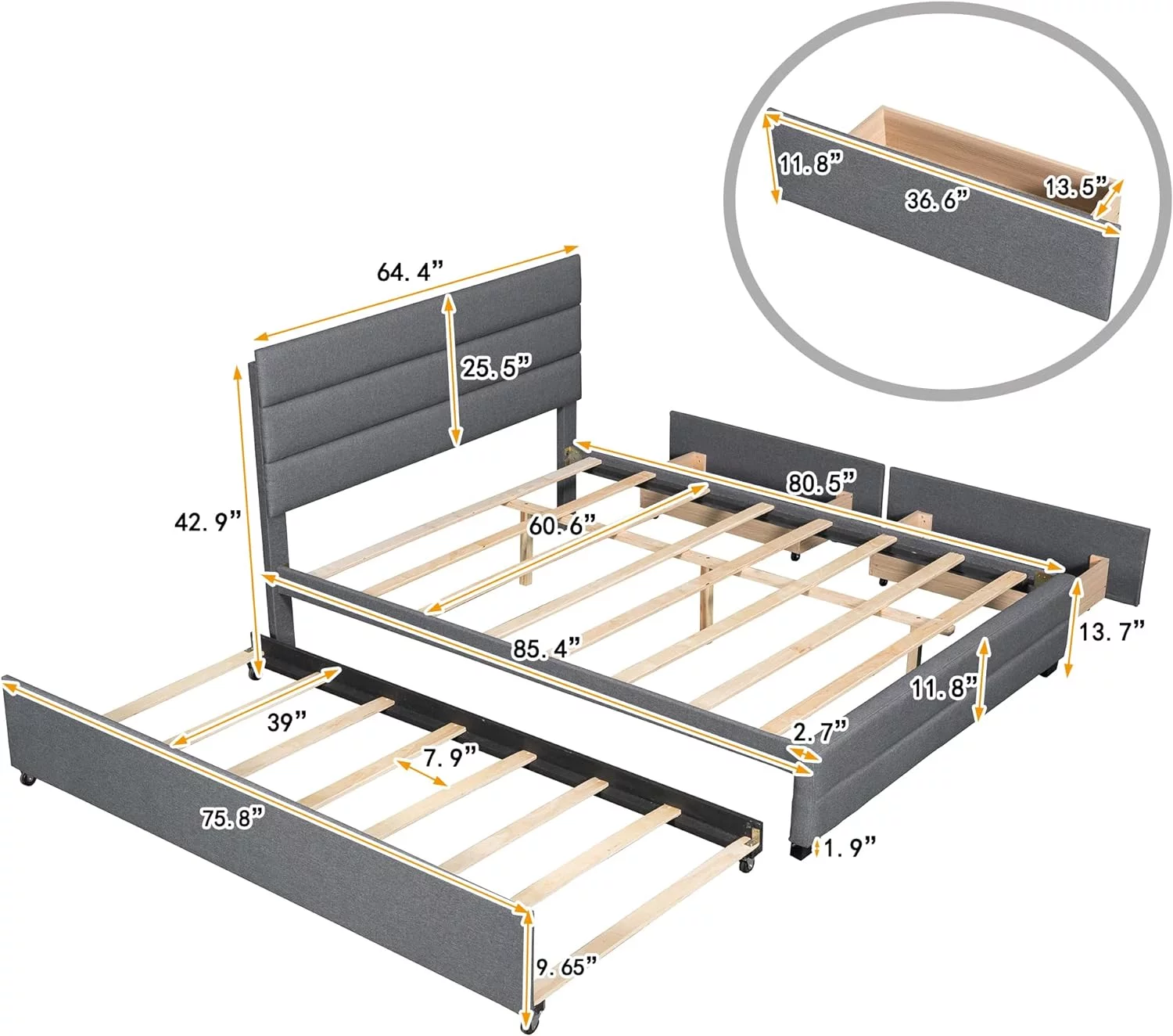 Queen Upholstered Beds With 2 Storage Drawers And Trundle Bed Modern Size Frame Gray Linen Fabric Platform Headboard For Adults Bedroom, No Box Spring Needed