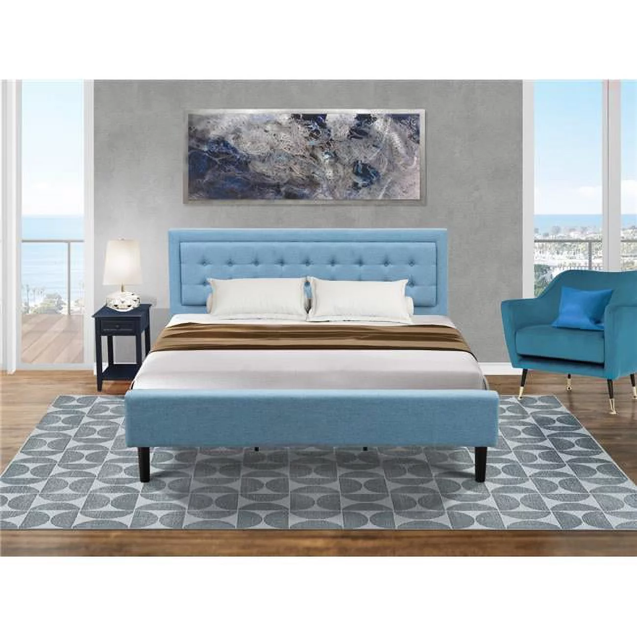 East West Furniture 2 Piece Fannin Platform Bedroom Set - Denim Blue, Black & Navy Blue