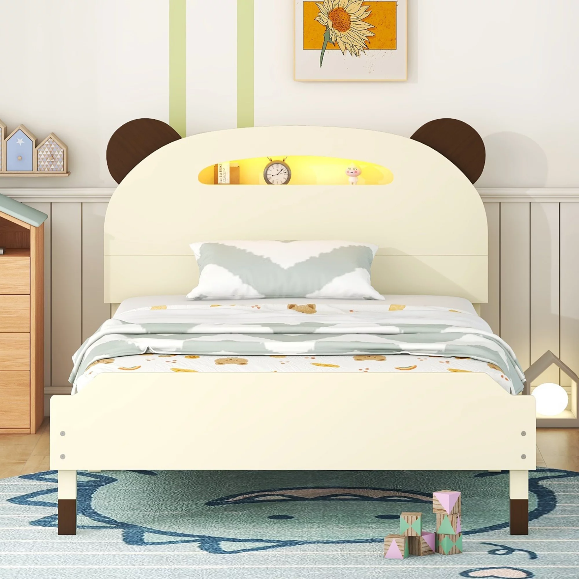 Bellemave Twin Size Platform Bed with Bear-shaped Headboard and Motion Activated Night Light Twin Wood Bed Frame with Light and Storage for Kids, Teens, No Box Spring Needed, Cream