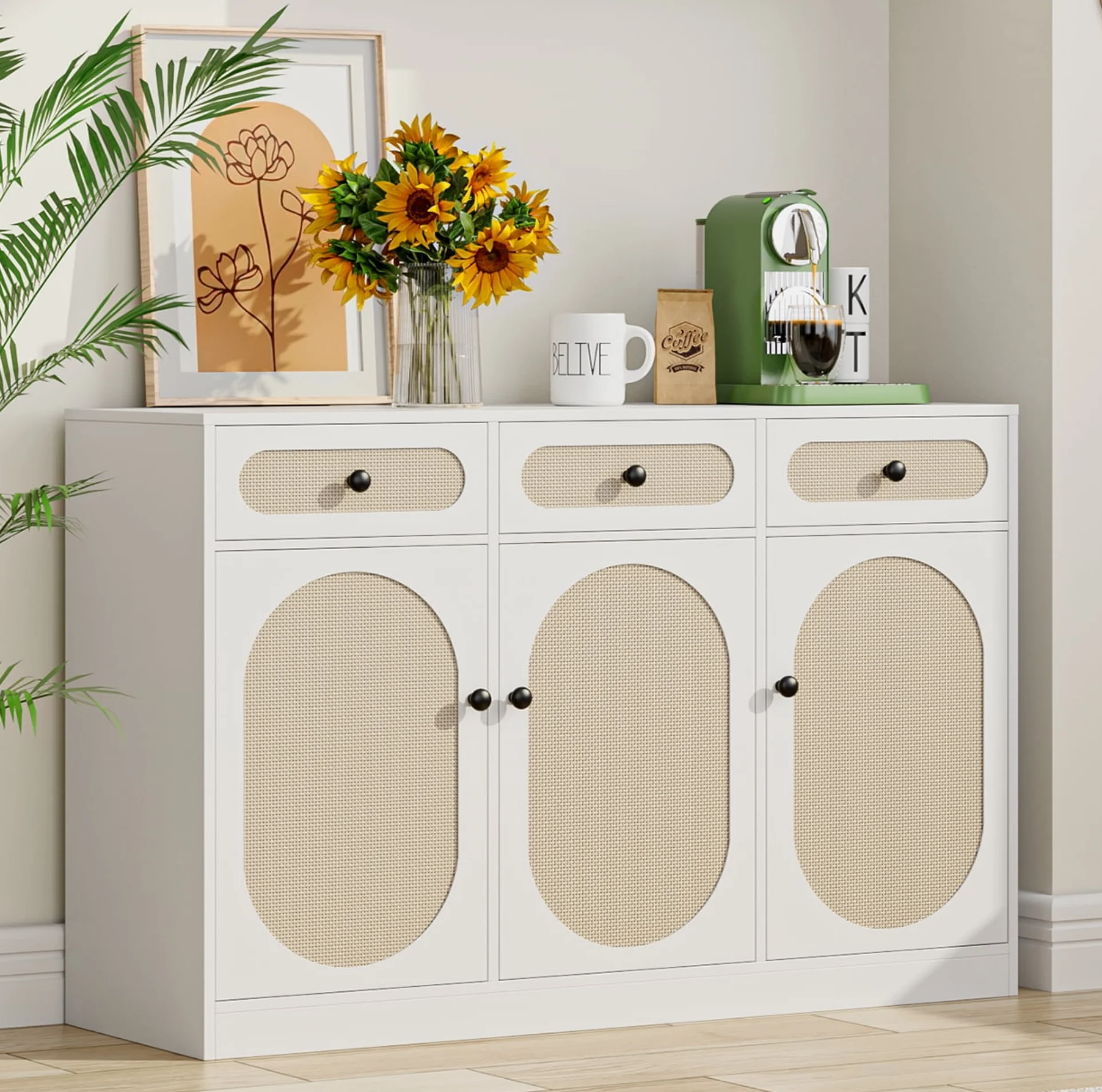 Homfa 47.2'' Buffet Sideboard with Adjustable Shelf, 3 Natural Rattan Door Wood Buffet Table Coffee Bar Storage Cabinet for Kitchen, White