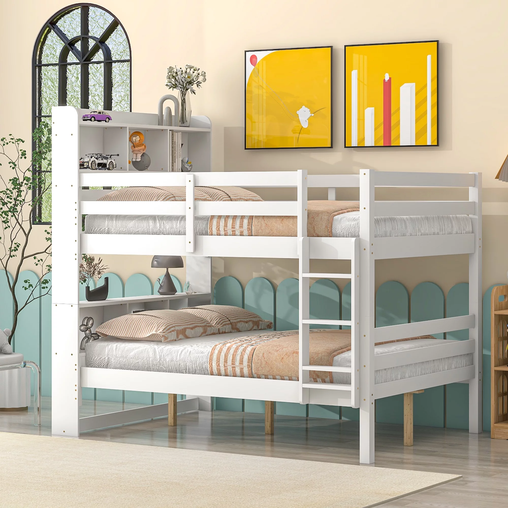 Solid Wood Full Over Full Bunk Bed with Bookcase Headboard, Ladder and Guard Rail, Full Over Full Bunk Bed for Toddler Kids Teens, Can Be converted into 2 Beds(White)