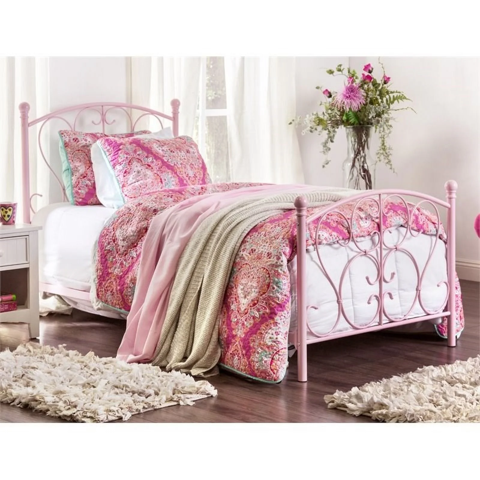 Roseberry Kids Modern Steel Metal Novelty Twin Panel Bed in Pink