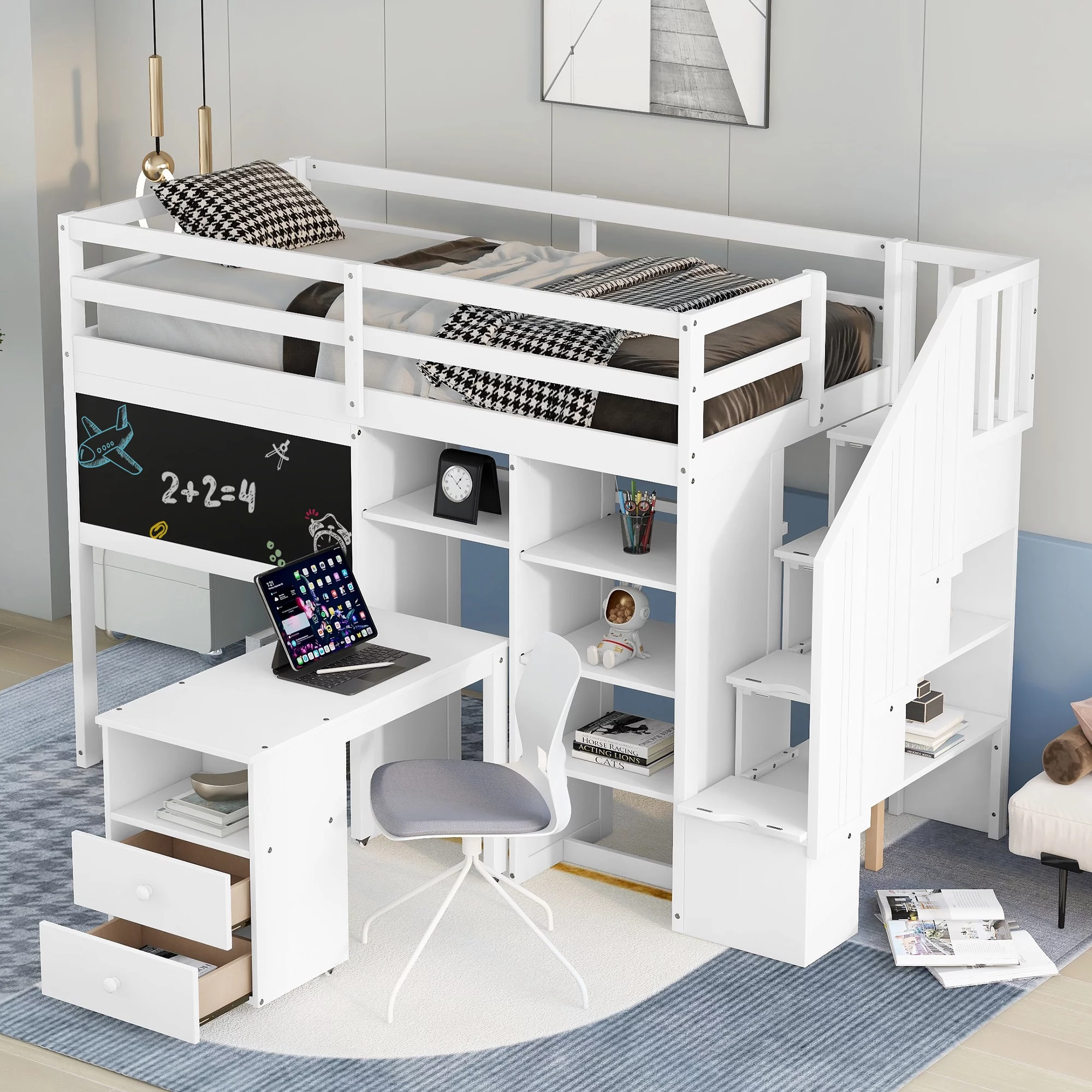 CoSoTower Twin Size Loft Bed with Pullable Desk and Storage Shelves, Staircase and Blackboard, White