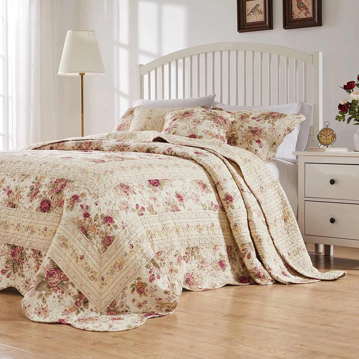 Greenland Home Fashions Antique Rose Shabby Chic Cotton Bedspread Set, Ecru, 3-Piece Queen
