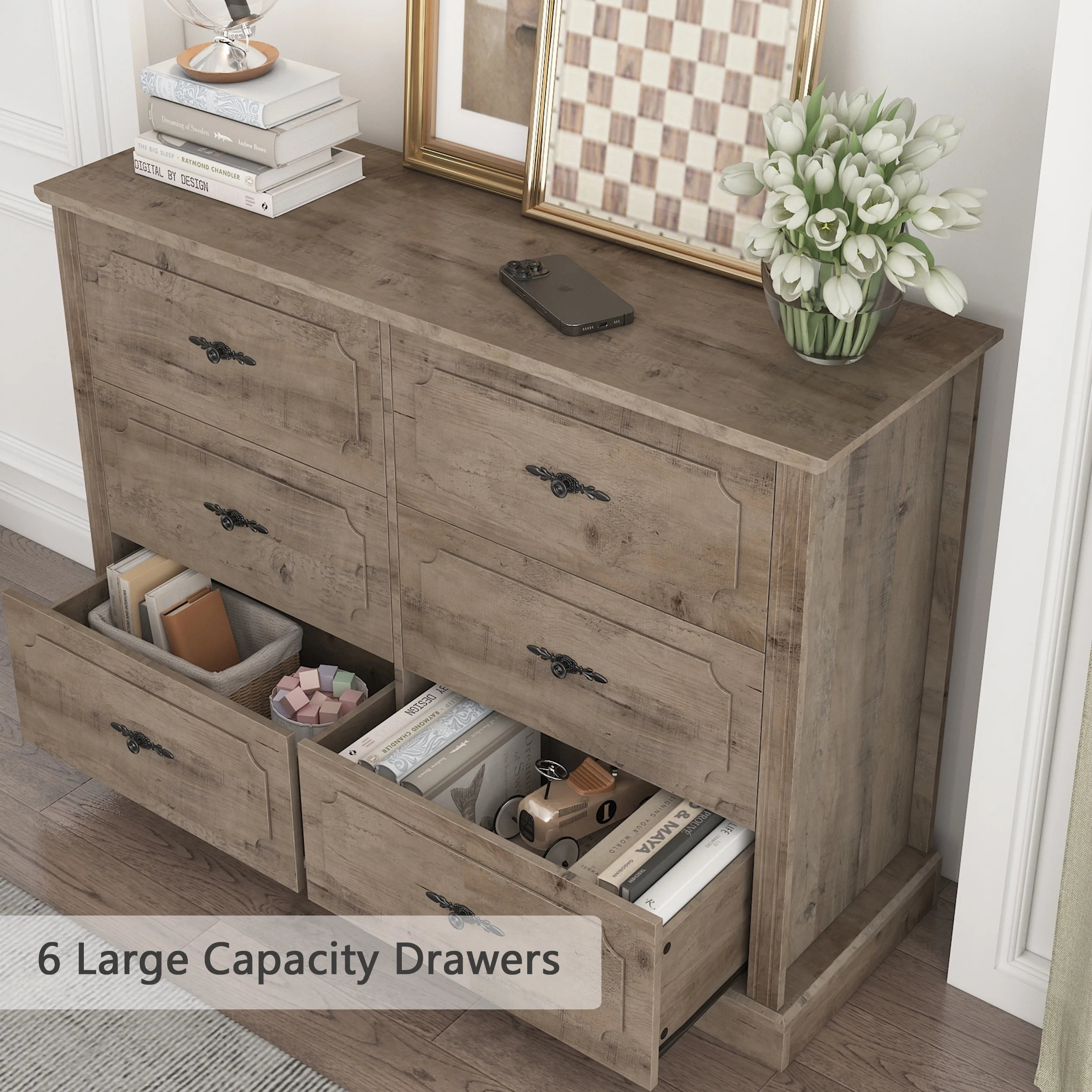 Homfa 6 Drawer Double Bedroom Dresser, Vintage Wood Storage Cabinet Large Drawer Chest for Living Room, Easy to Clean Top, Wash Gray