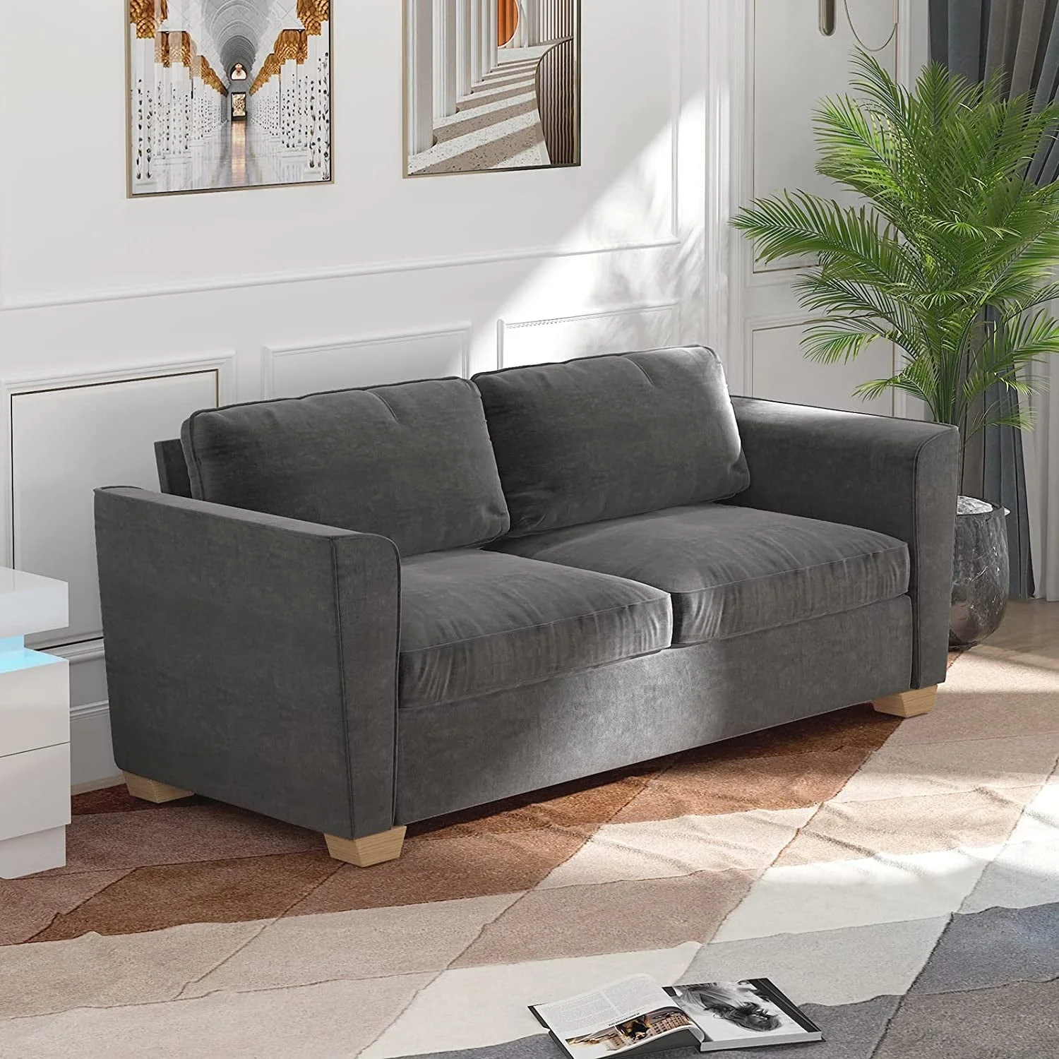 Mixoy Pull Out Sofa Bed, Velvet Sleeper Couch Bed, Modern Design with Memory Sponge Cushions as Folding Mattress for Apartment Queen - Light Grey
