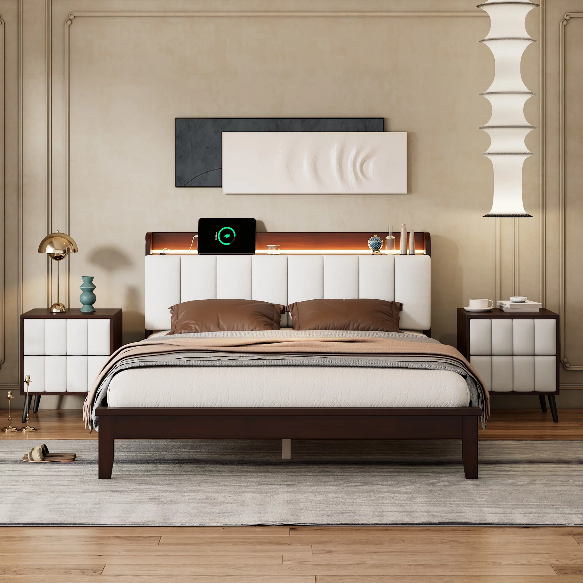 Churanty 3-Pieces Bedroom Sets,Queen Size Wood Platform Bed and Two Nightstands,Storage Platform bed with USB and LED Lights-Walnut+Beige