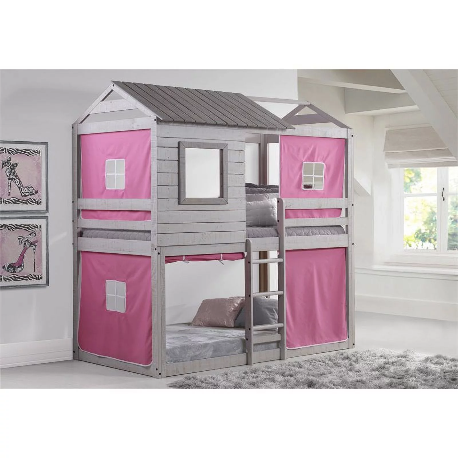 Rosebery Kids Twin Over Twin Solid Wood Bunk Bed with Pink Tent in Gray