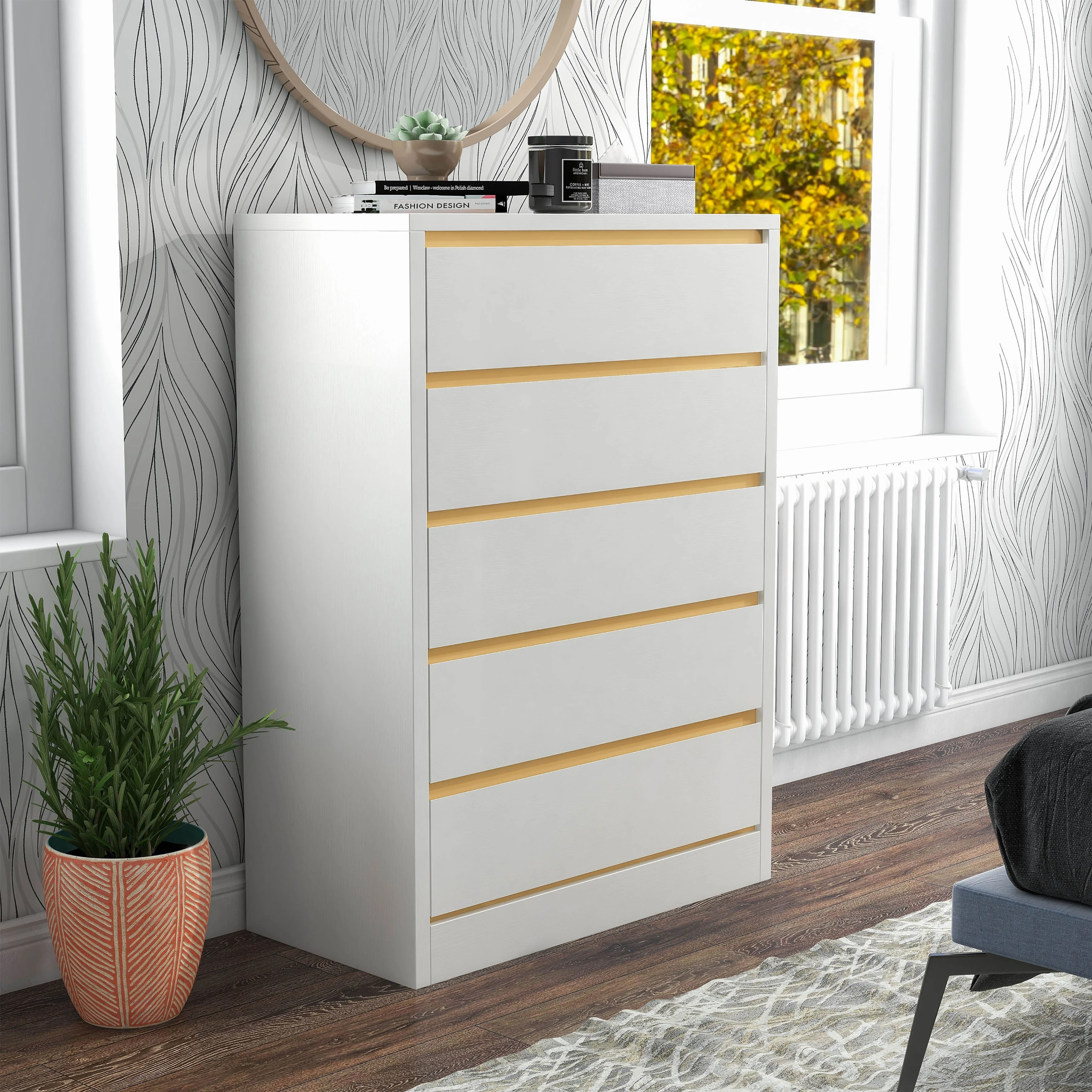 Denhour DH BASIC Mod Modern White 31-inch Wide 5-Drawer Vertical Dresser by