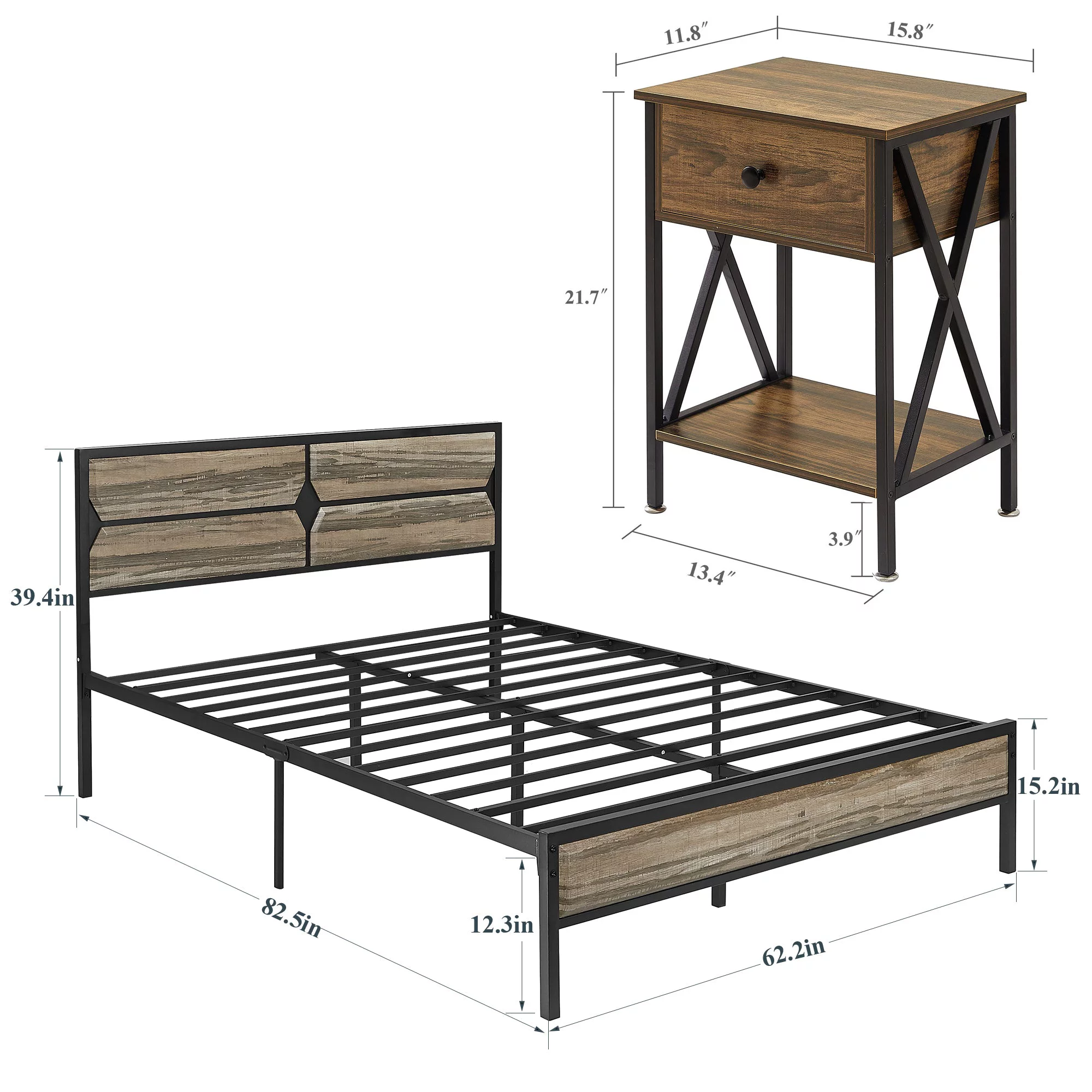 VECELO 3-Piece Bedroom Sets, Queen Size Wooden Platform Bed with 2 Nightstands, No Box Spring Needed, Slate