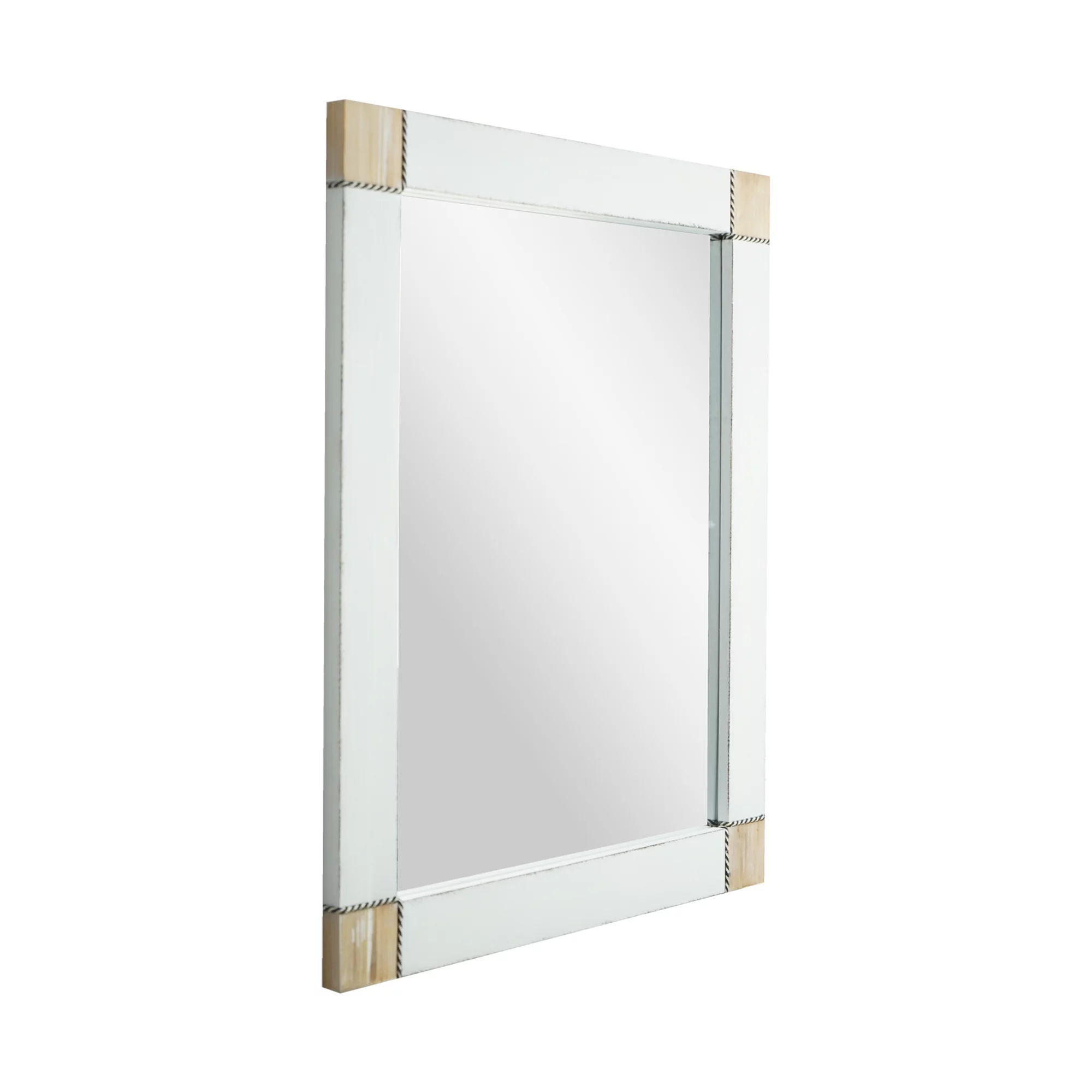 Rustic Whitewashed Wood Framed Wall Mirror With Inlaid Rope