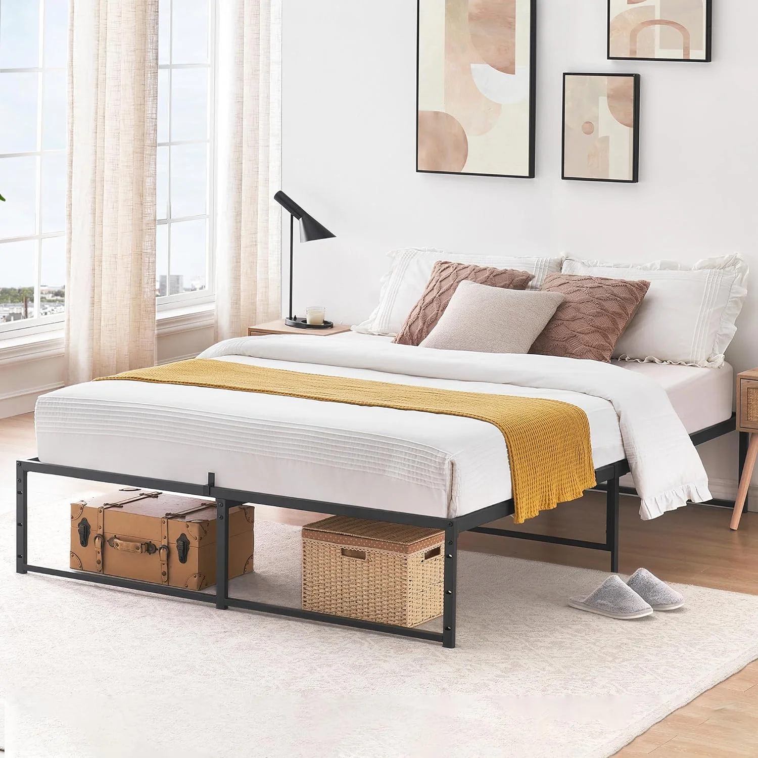 Full Size Bed Frame, 14 inch Metal Full Bed Platform Frame with 3 in 1 Steel Support, No Box Spring Needed Easy Assembly Black Sturdy Bedframe - Full