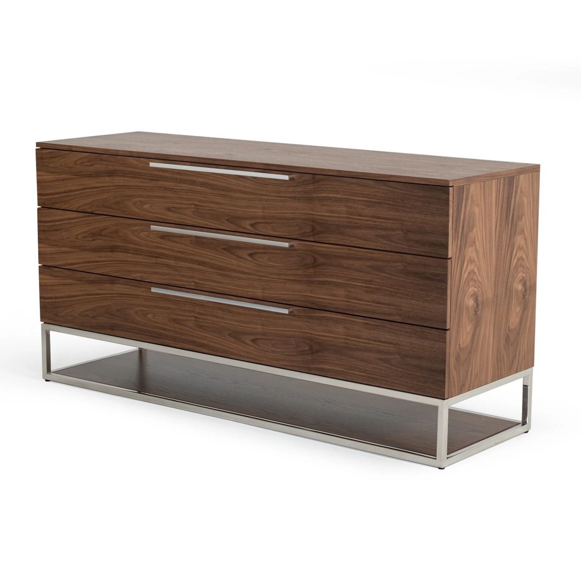 Benjara 58 in. Cid Zyla 3 Large Drawers Walnut Veneer Stainless Steel Dresser, Brown