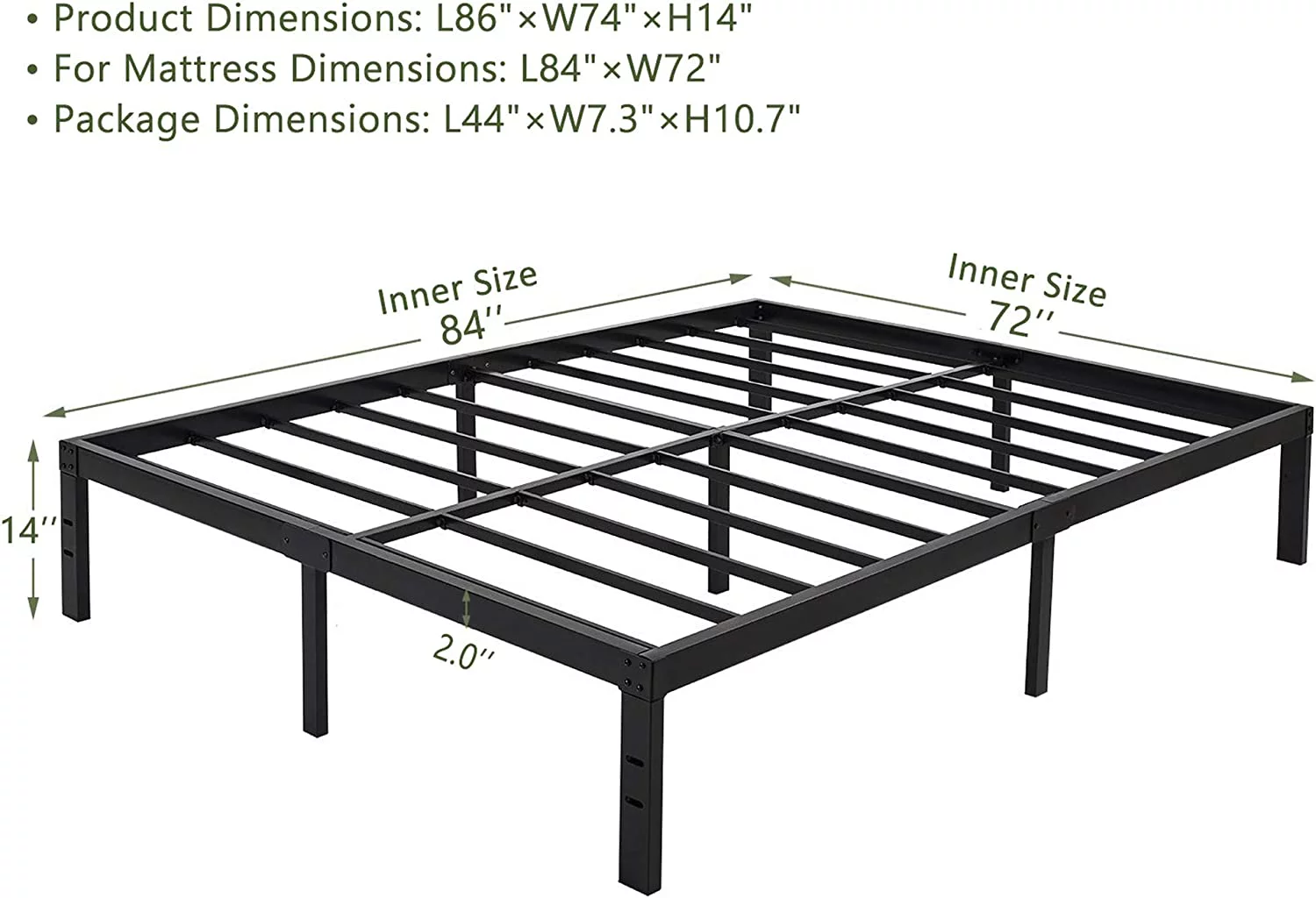 JIAH 14 Inch Platform Bed Frame/Easy Assembly Mattress Foundation / 3000lbs Heavy Duty Steel Slat/Noise Free/No Box Spring Needed, Queen