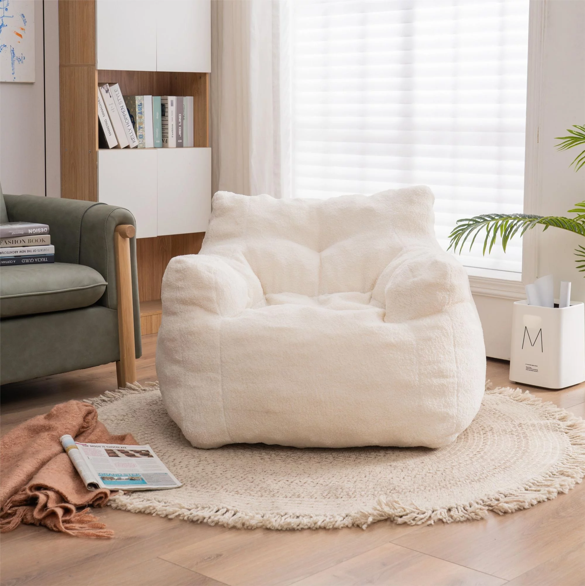 Ouyessir Teddy Fabric Bean Bag Chair with Arms for Adult,Medium Fabric Comfy Single Sofa Lounge Chaise Chair for Living Room Bedroom Office(Ivory White)
