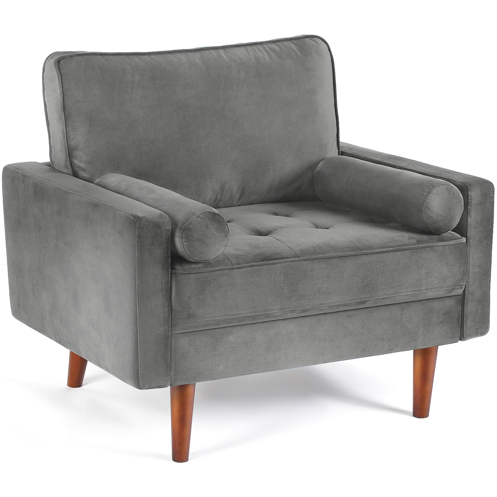 Vesgantti Velvet Accent Chair, Mid Century Modern Living Room Chairs, Button Tufted Arm Chairs with 2 Pillows, Comfy Sofa Chairs for Bedroom, Office, Grey