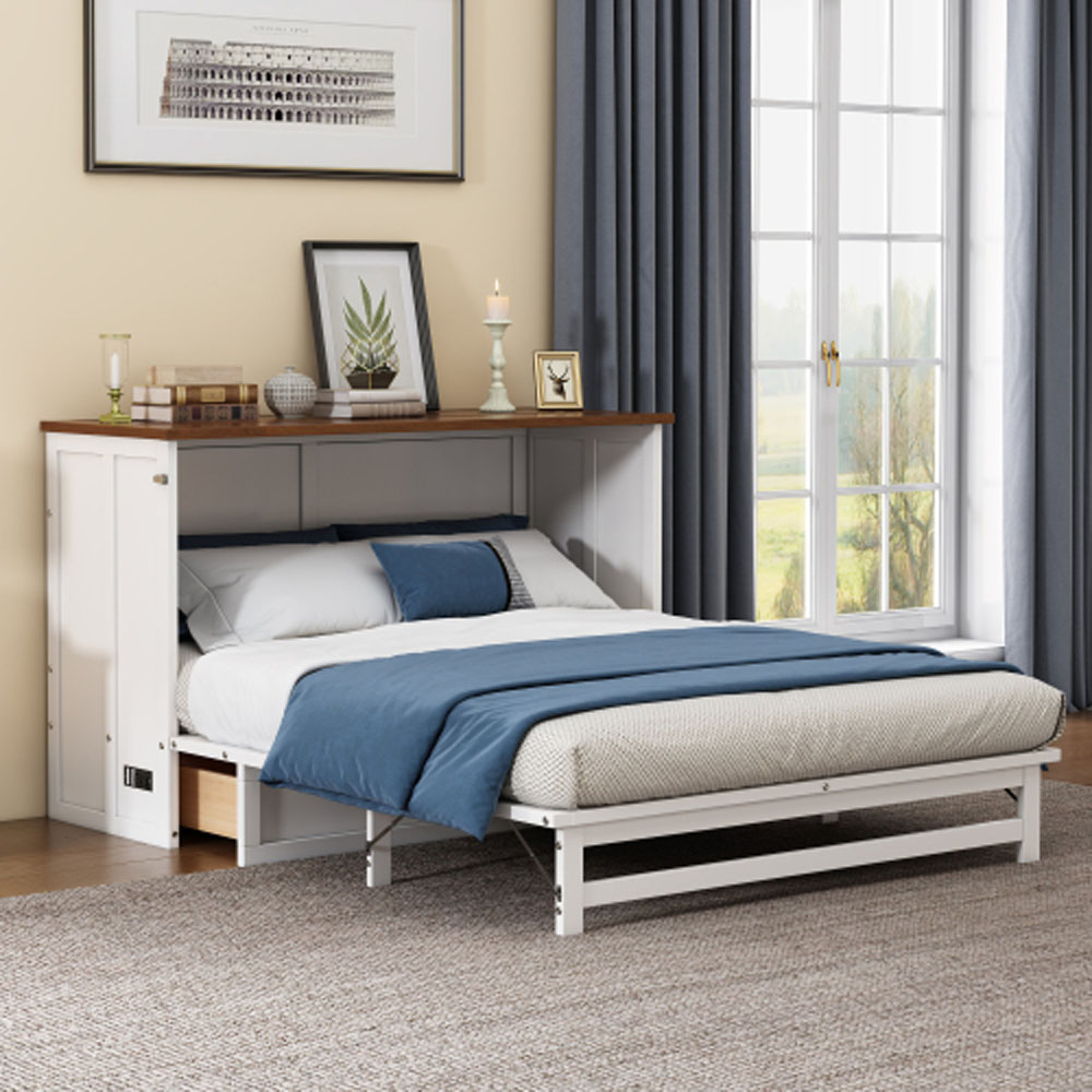 Solid Pine Murphy Bed Chest with Charging Station and Large Storage Drawer for Home Office or Small Room , Full, White+Walnut