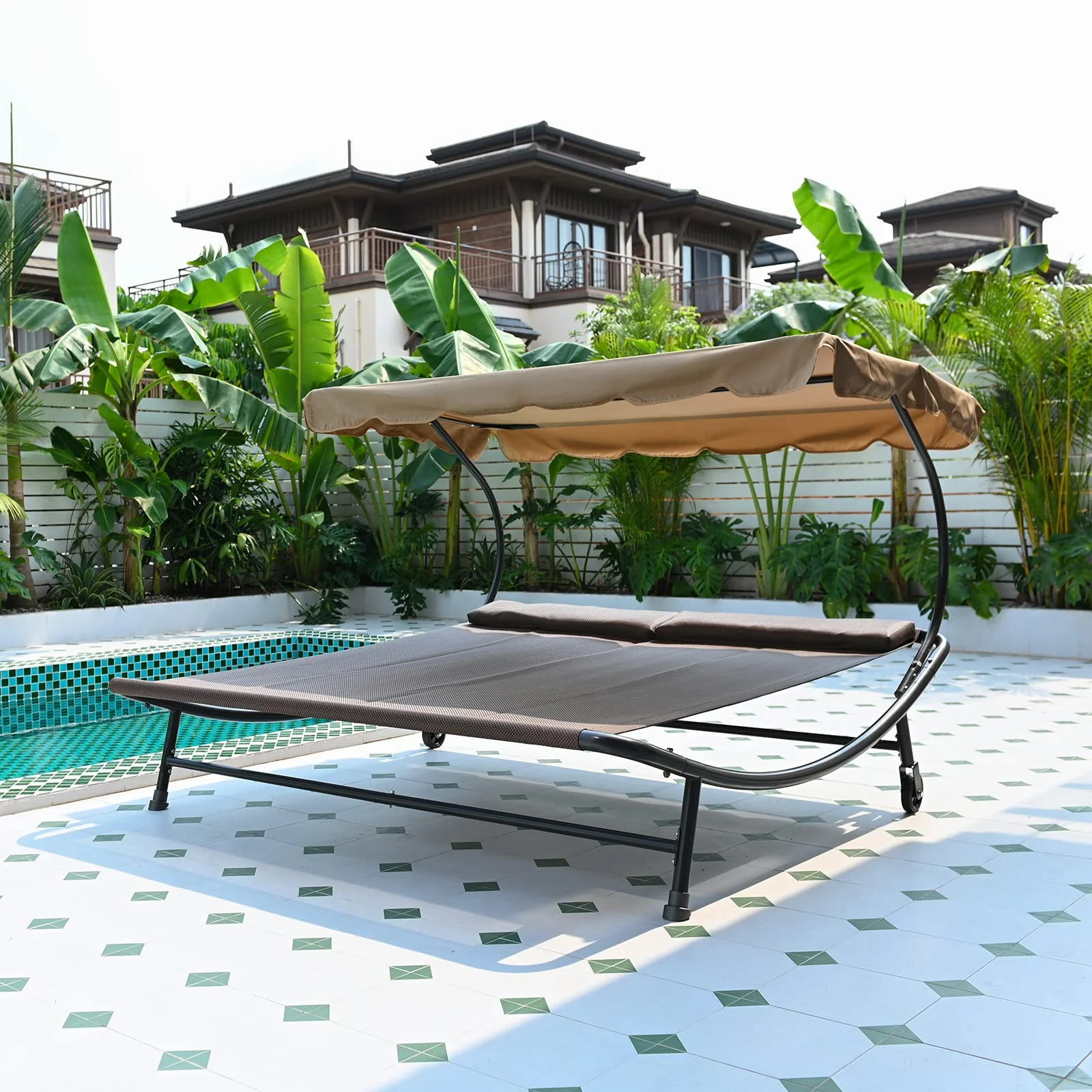 Generic Double Chaise Lounge Bed, Extra Large Patio Hammock Bed with Adjustable Canopy and Pillow and Wheels for Garden Lawn Backyard Courtyard, Brown