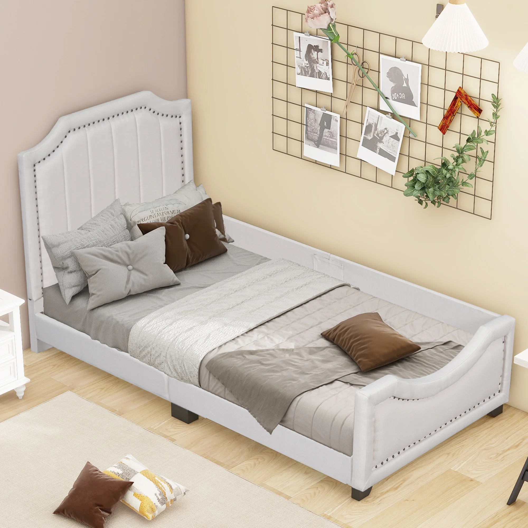 Twin Upholstered Platform Bed with Nailhead Trim & Guardrail, Beige