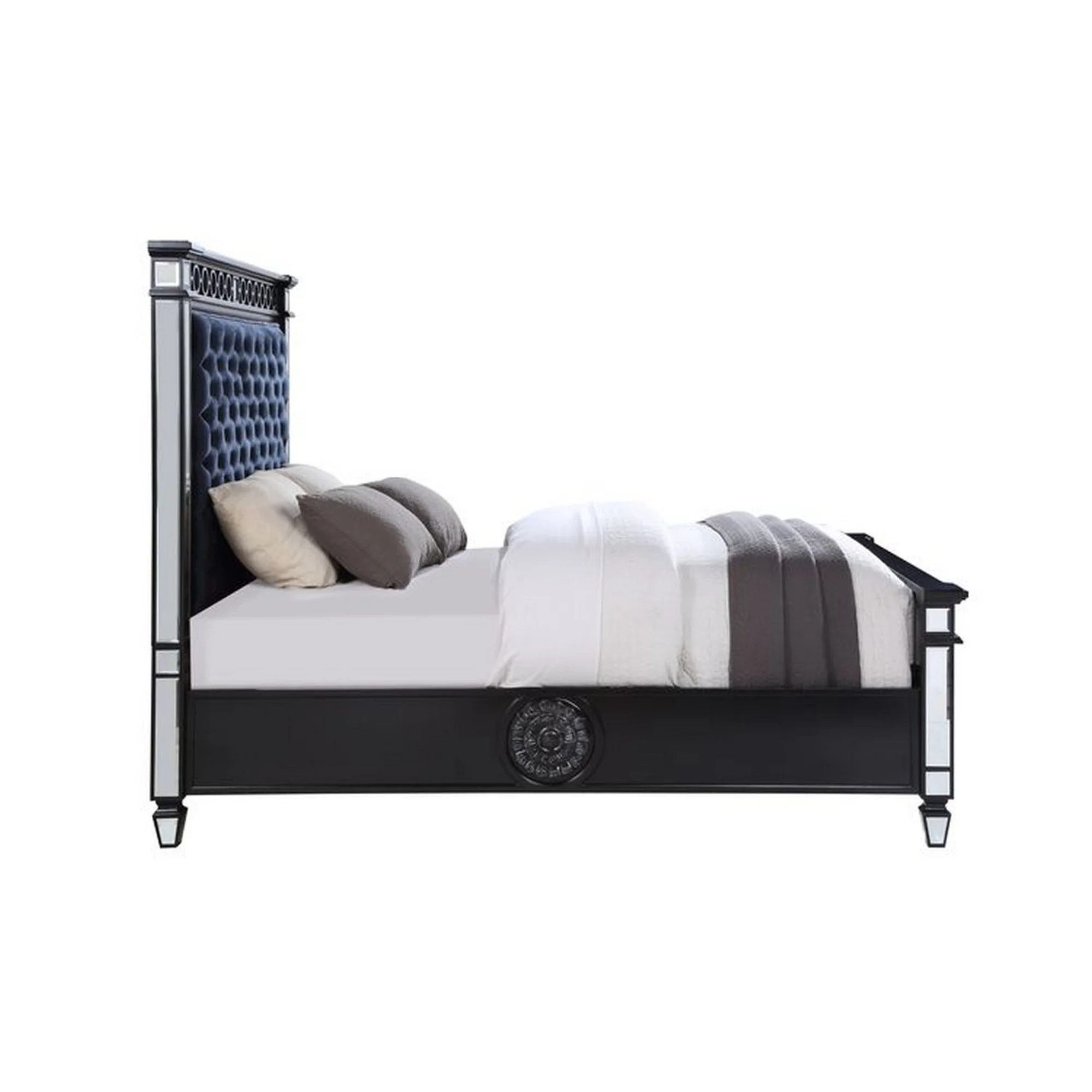 Benjara Queen Bed with Button Tufting and Sunburst Motifs, Black