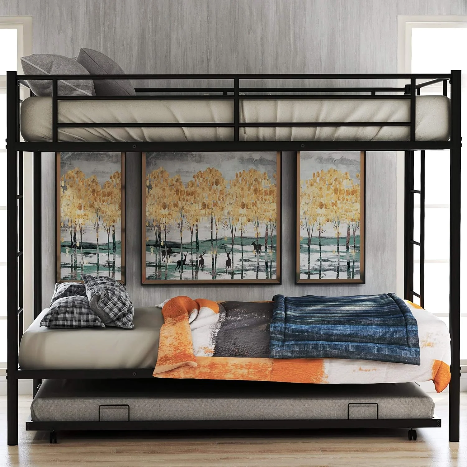Trundle Bunk Beds , Metal Bunk Bed Over With Trundle, Pull-Out Trundle Bunk Beds For Teens, Dormitory, Black