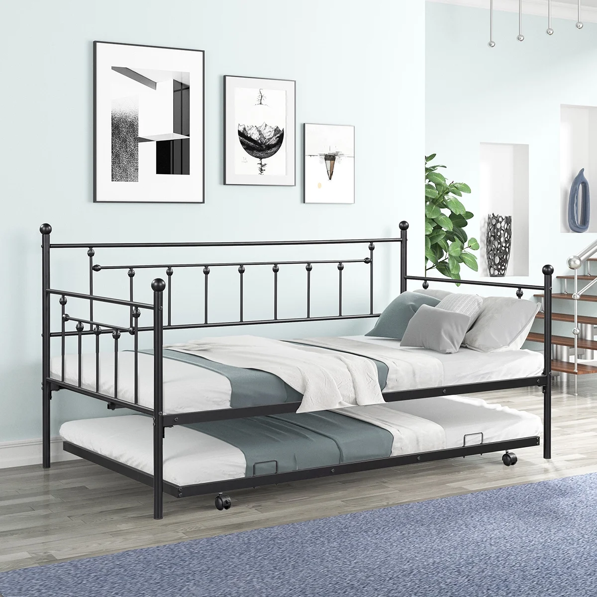 Kuurfuurdo Twin Size Daybed Metal with Trundle, for Bed Room Guest Room Apartment, Black