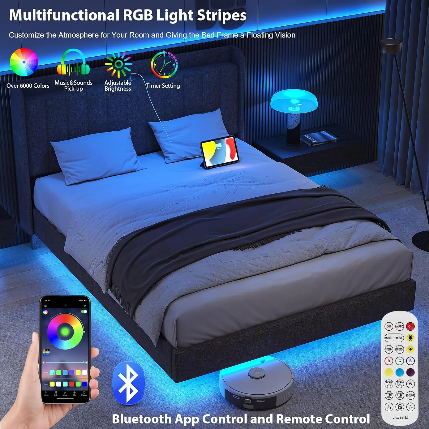 Queen Size Upholstered Bed Frame, Floating Bed Frame with Wingback Storage Headboard, Type-C & USB Ports, LED Lights, Solid Wood Slats Support, No Box Spring Needed, Noise-Free, Dark Grey