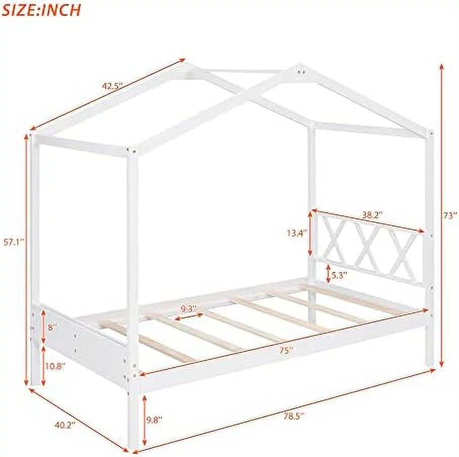 TJUNBOLIFE Harper & Bright Designs Twin House Bed for   Wood Twin Size Platform Bed with Desk and Two Handles Twin  Bed Frame with Roof Windmill and Flower Decor for Girls  Boys Grey
