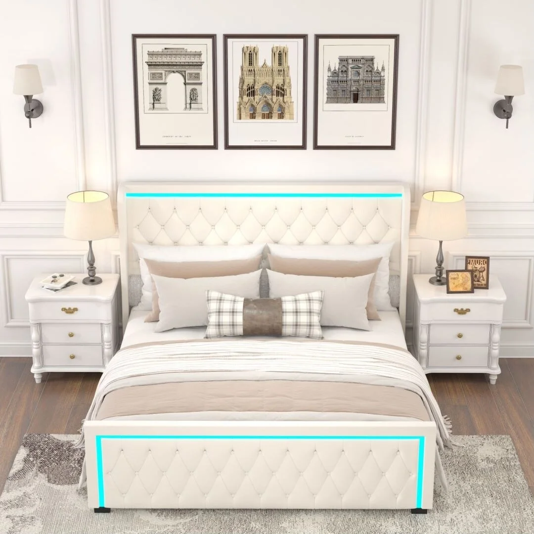 Queen Velvet Upholstered Bed With Tufted Buttons and LED Light Decorative Headboard Beige