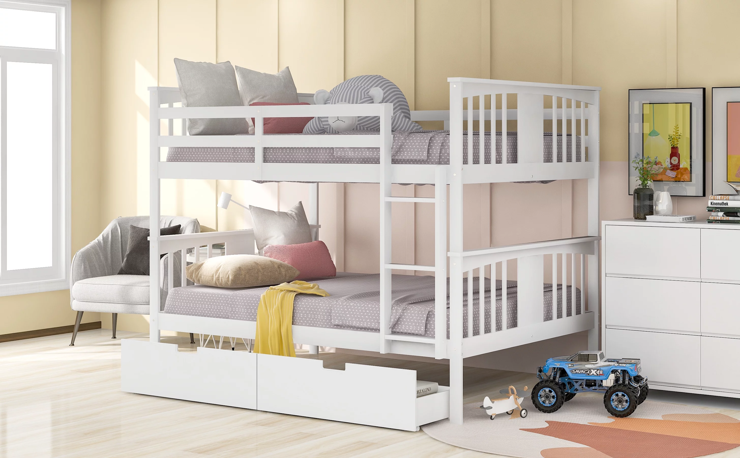 Dcenta Full over Full Bunk Bed with Drawers and Ladder for Bedroom, Guest Room Furniture-White
