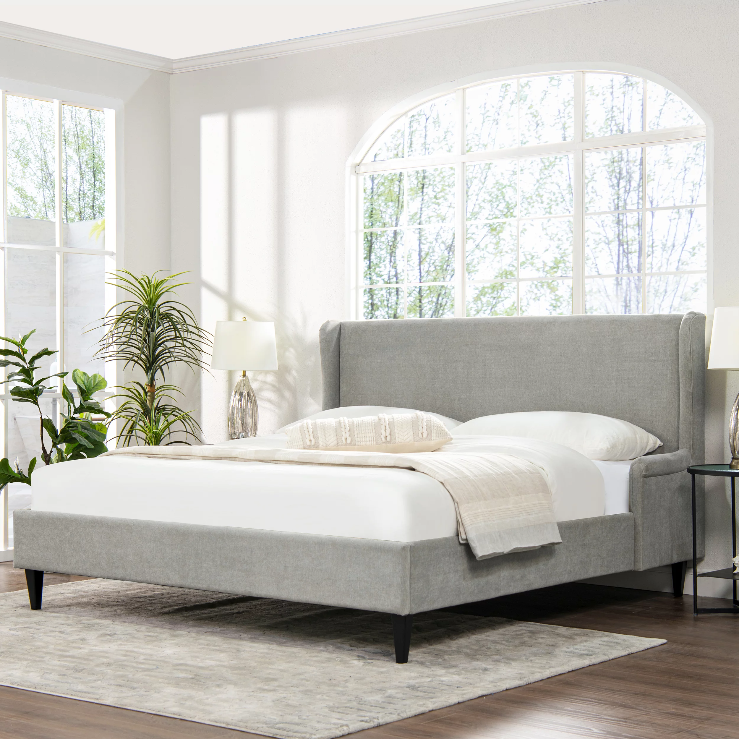 Clara Wingback Arm Upholstered Platform Bed, Antique White