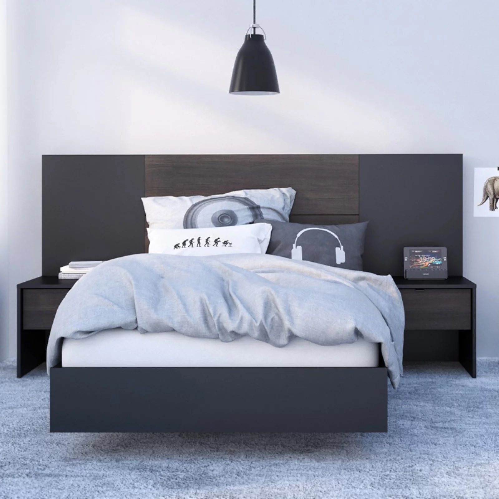 Nexera Opaci-T Platform Bed with Plank Headboard, Black & Ebony