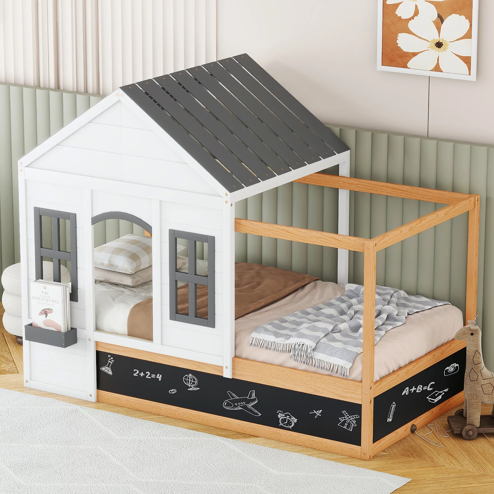 Nestfair White Twin Size House Bed with Roof, Blackboard and Little Shelf