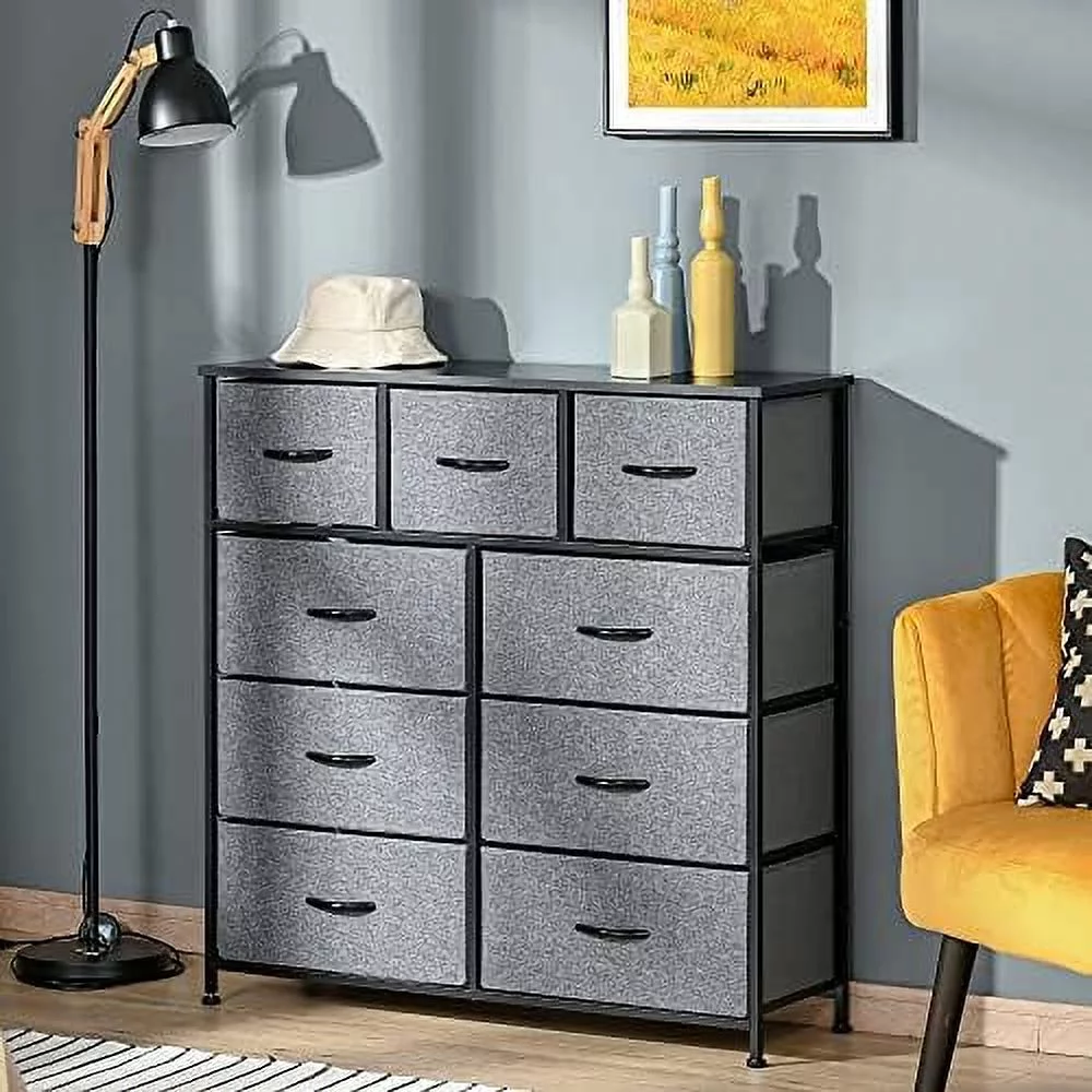 xrboomlife 9 Drawers  Chest Dresser Organizer Unit w/Steel Frame  Wood Top  Easy Pull Fabric Bins  for Bedroom  Hallway  Closet  Entryway  Black & Grey