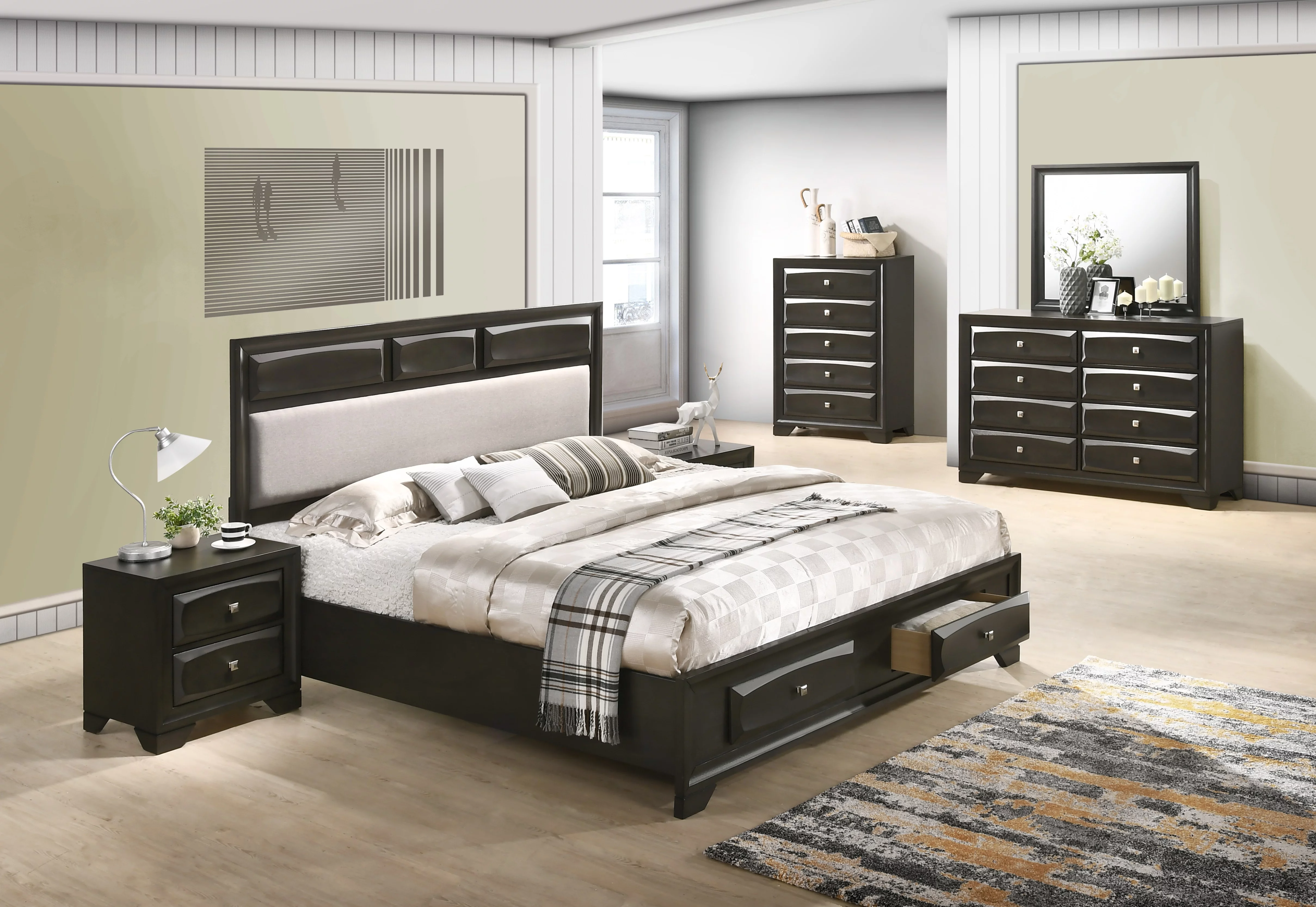 Oakland Wood Bedroom Set with Storage Bed, Dresser, Mirror, 2 Nightstands, Chest, Antique Gray Finish, Queen Size