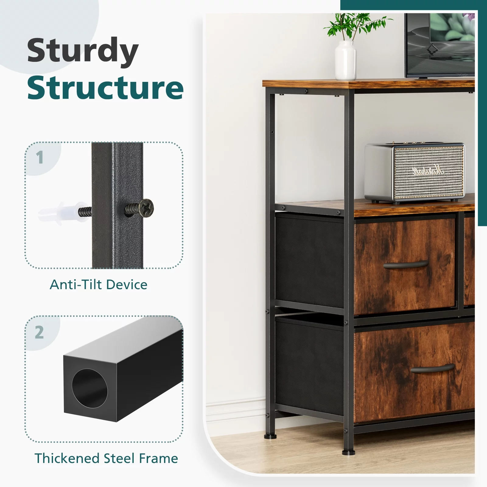Dresser for Bedroom, Chest of Drawers, 5 Drawer Dresser, Closet Fabric Dresser with Metal Frame