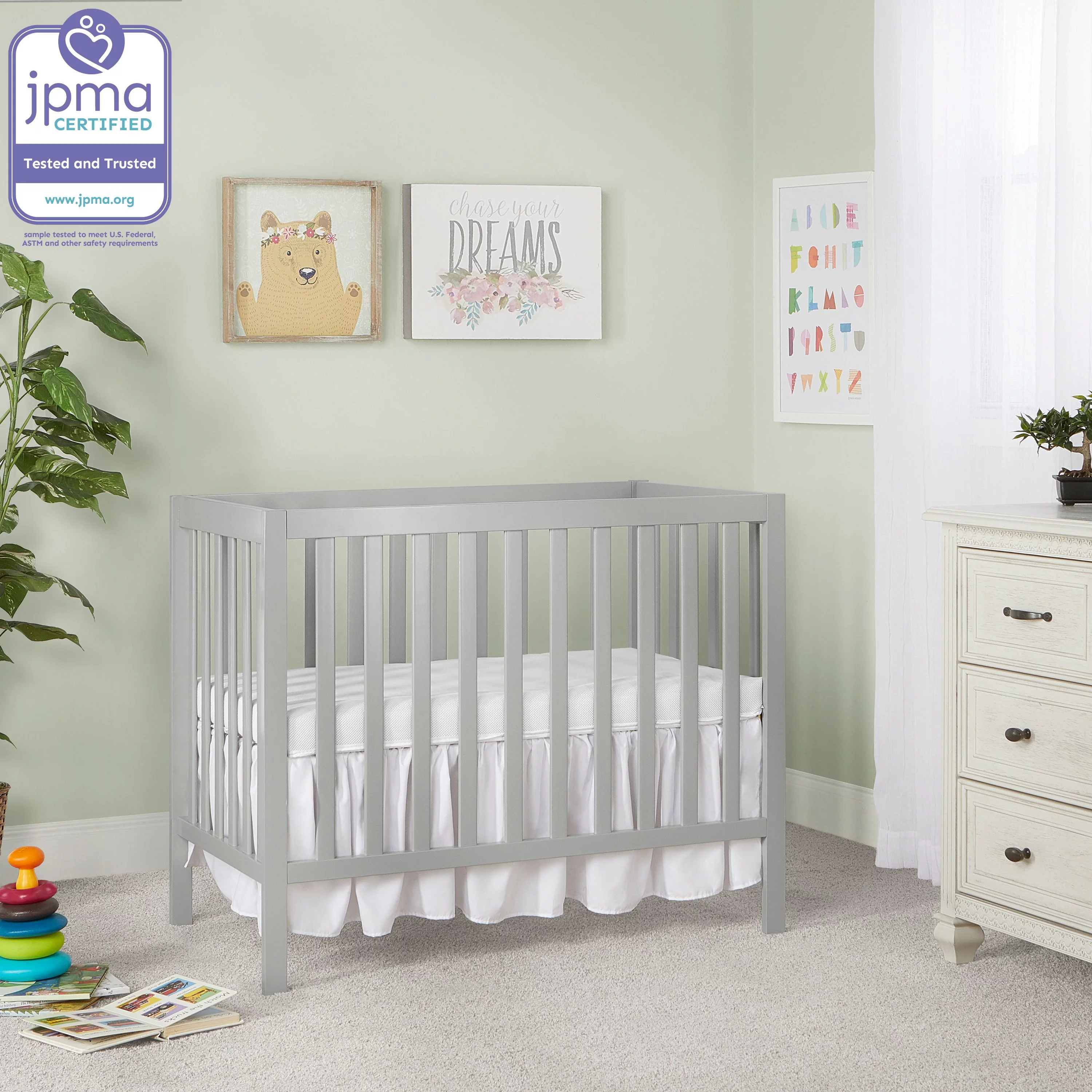 Dream On Me Edgewood 4-in-1 Convertible Mini Crib, Cool Grey