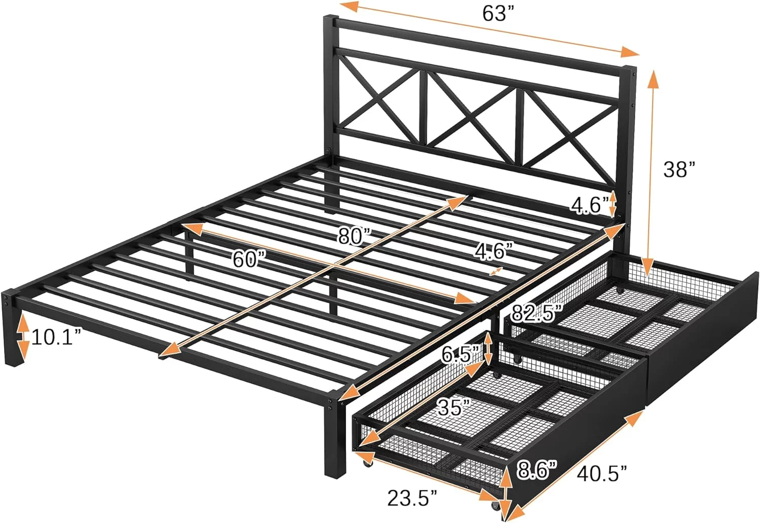 Metal Quee Bed Frame With 2 Drawers , Quee Size Platform Bed Frame With Headboard , Quee Storage Bed For Kids, Girls Boys ,o Box Sprig eeded ,Black, Black(2 Drawers)