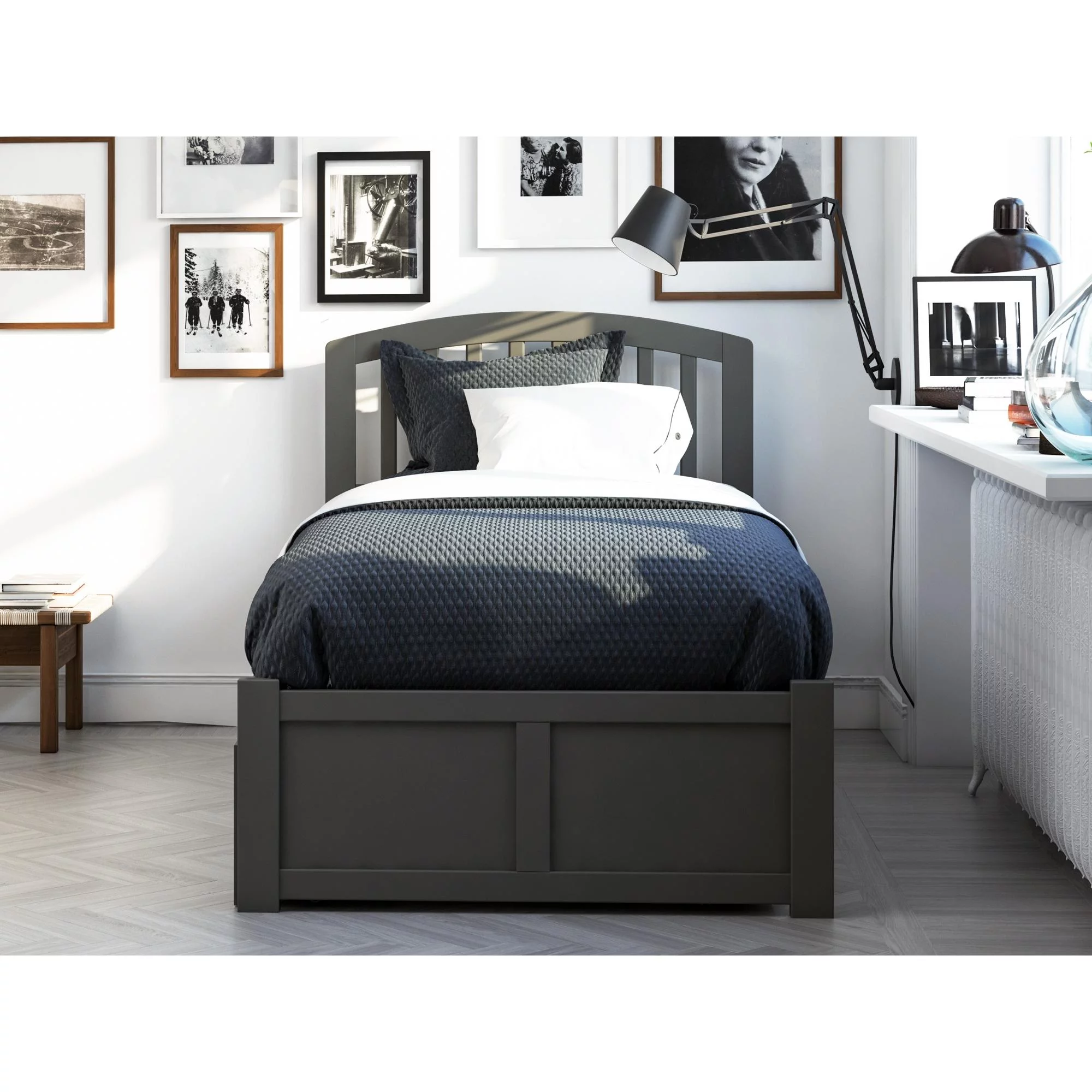 Richmond Twin Platform Bed with Flat Panel Foot Board and Twin Size Urban Trundle Bed in Grey