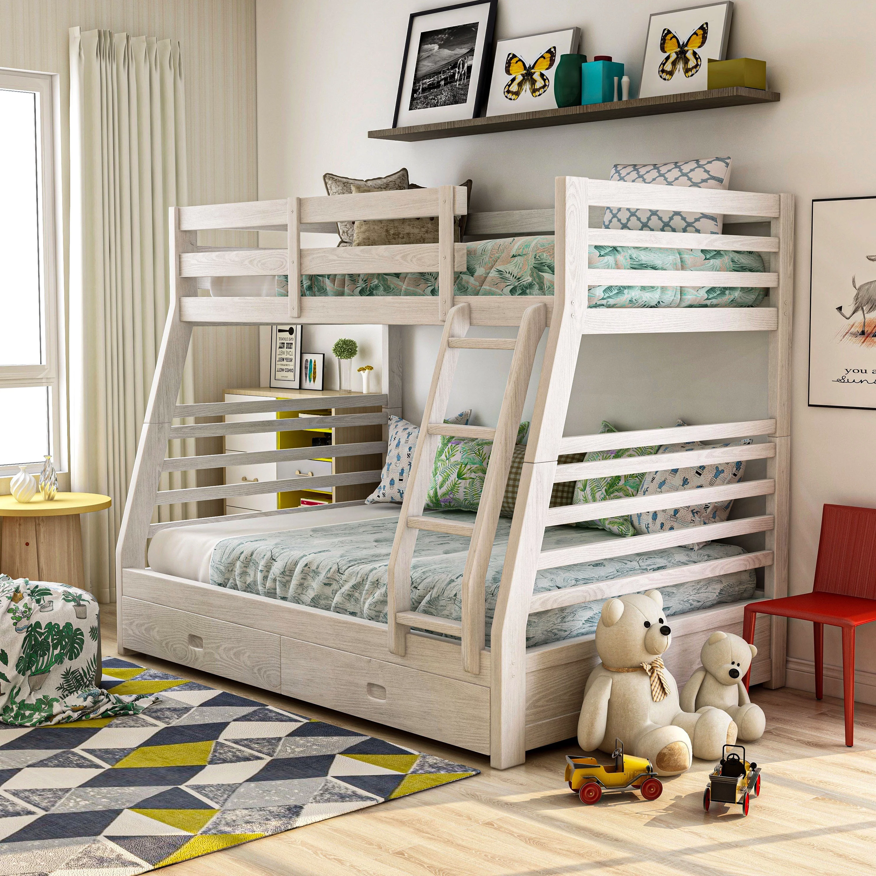 Furniture of America Cude Modern Twin over Full Solid Wood Bunk Bed Set by Dark Walnut Powder Coated, Wood Finish
