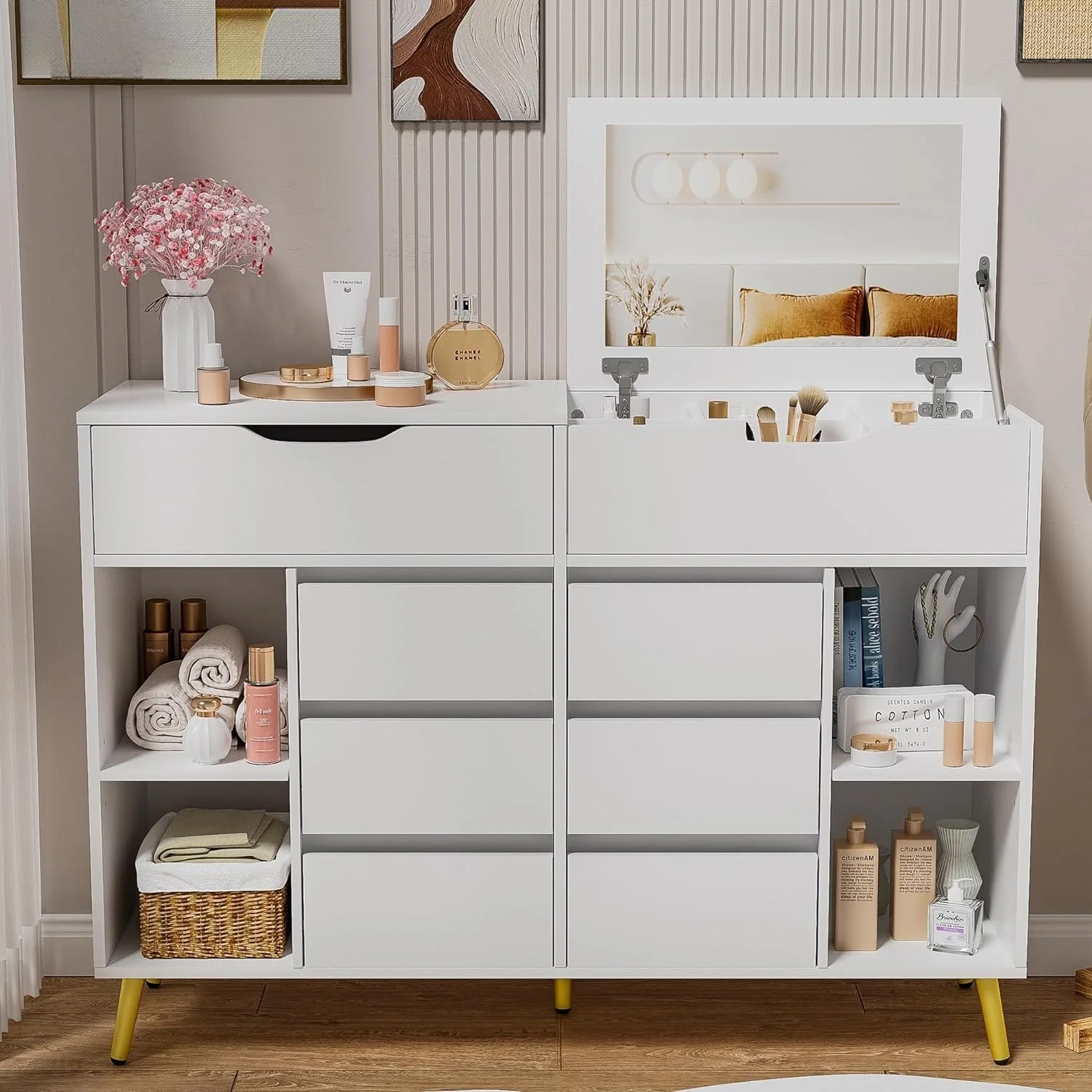 PAKASEPT Dresser for Bedroom, Modern Storage Dresser with Mirror, Dressers & Chests of Drawers, Bedroom Closet for Bedroom