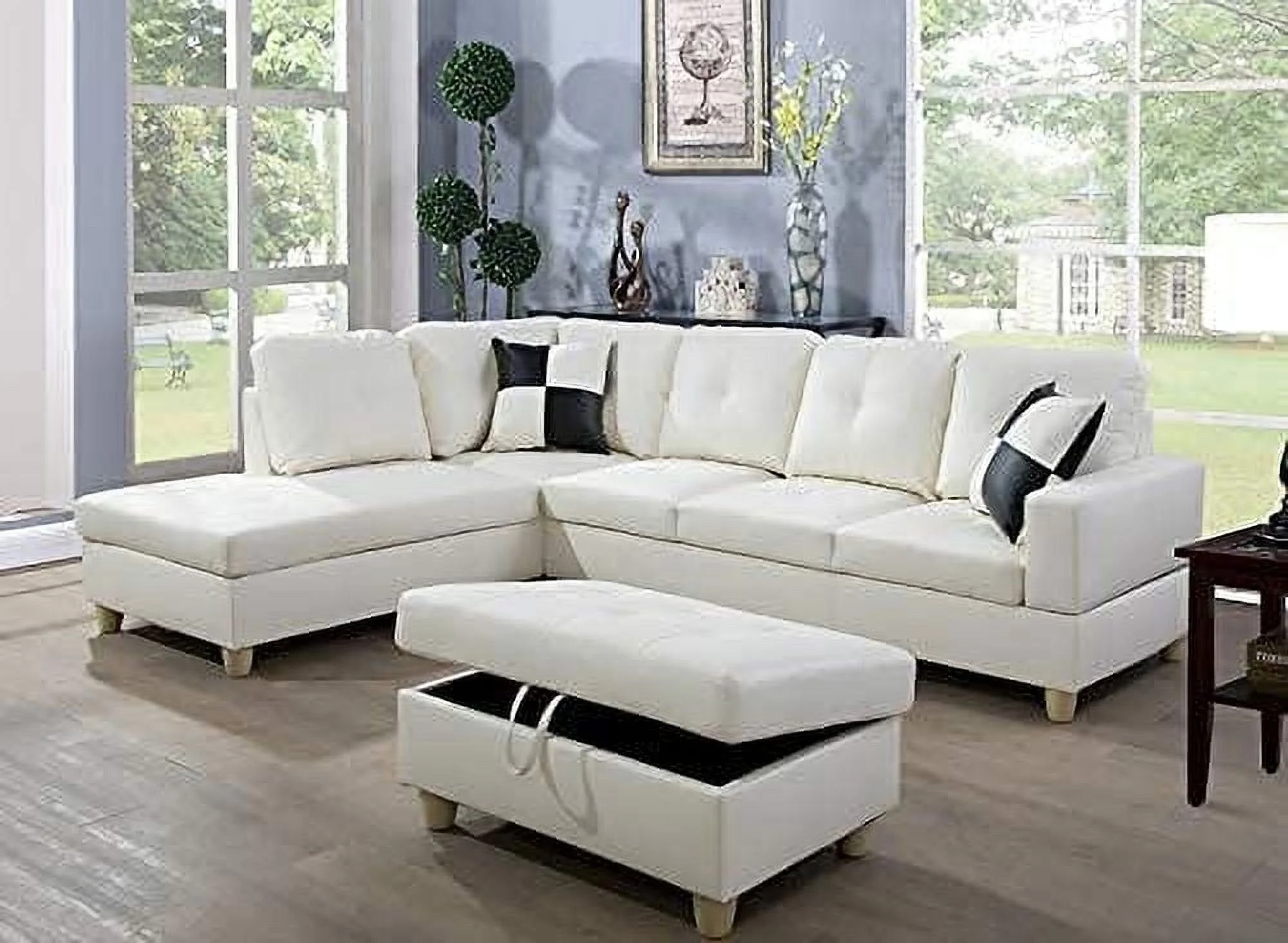PonLiving Cream 103.5'' Left Facing Sleeper Sectional with Storage Ottoman, Living Room Sectional Couches Set, White Leather