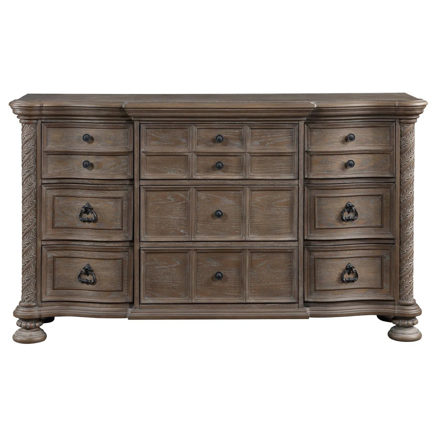Benjara BM306658 66 in. Emme Dresser with 9 Drawers & Bun Feet, Oak Brown & Wood