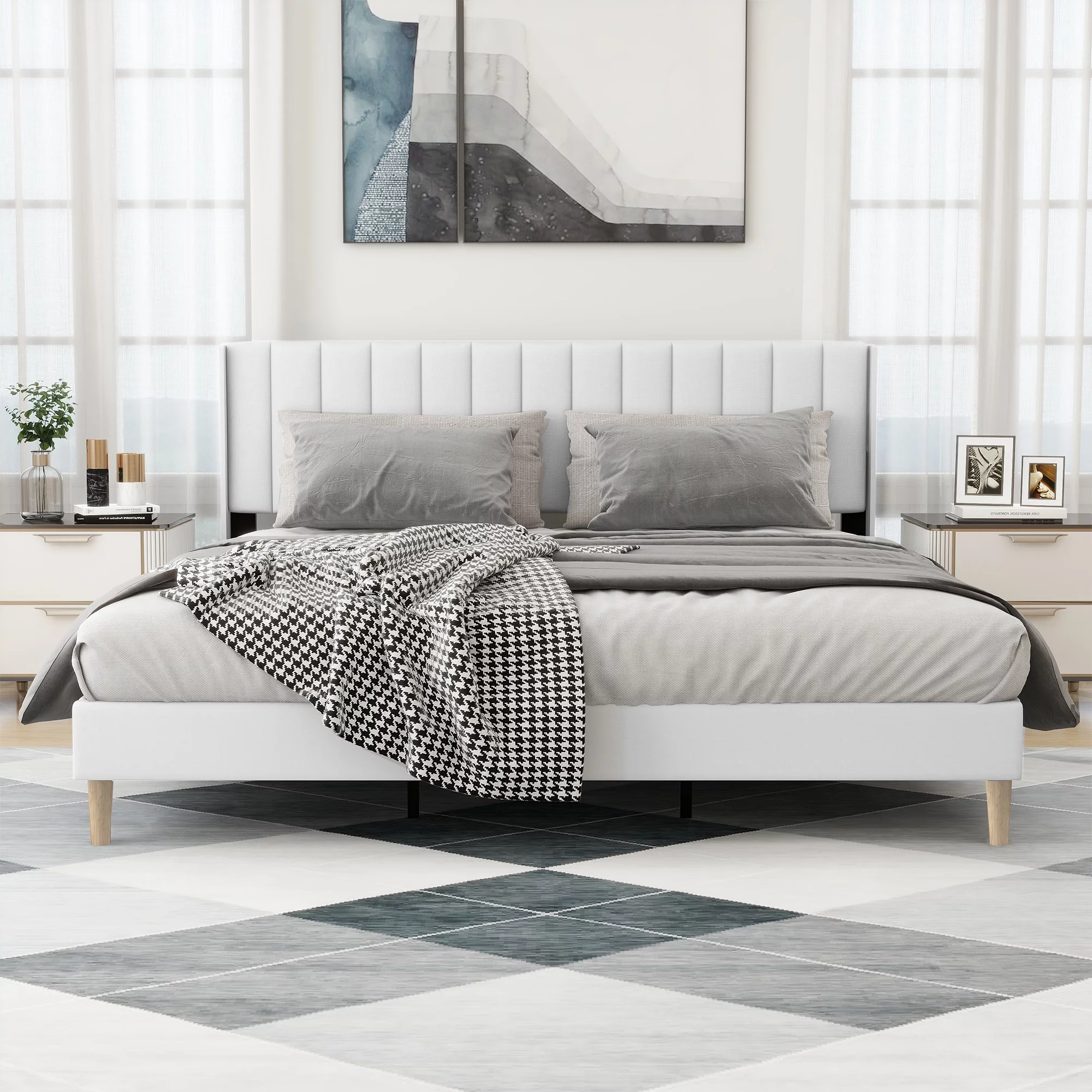 alazyhome King Size Upholstered Platform Bed Frame, Easy Assemble, White