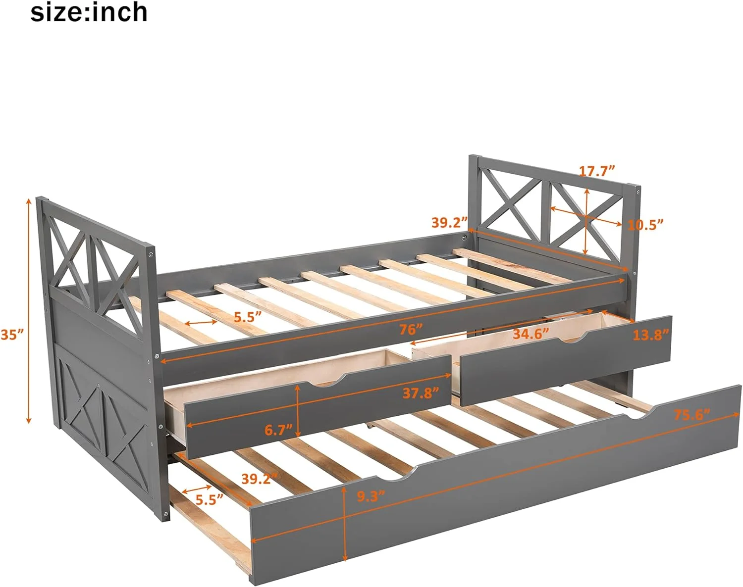 Bed, Daybed With Trundle And 2 Storage Drawers, Wood Platform Bed Frame With Headboard And Footboard For Kids Teens Adults, No Box Spring Need, Easy Assembly, Grey