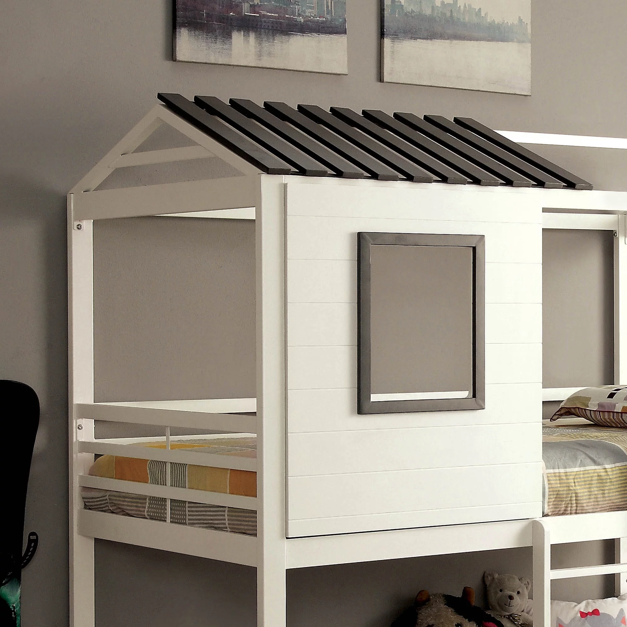 Furniture of America Hansel House Bunk Bed, Twin/Twin, White and Gun Metal