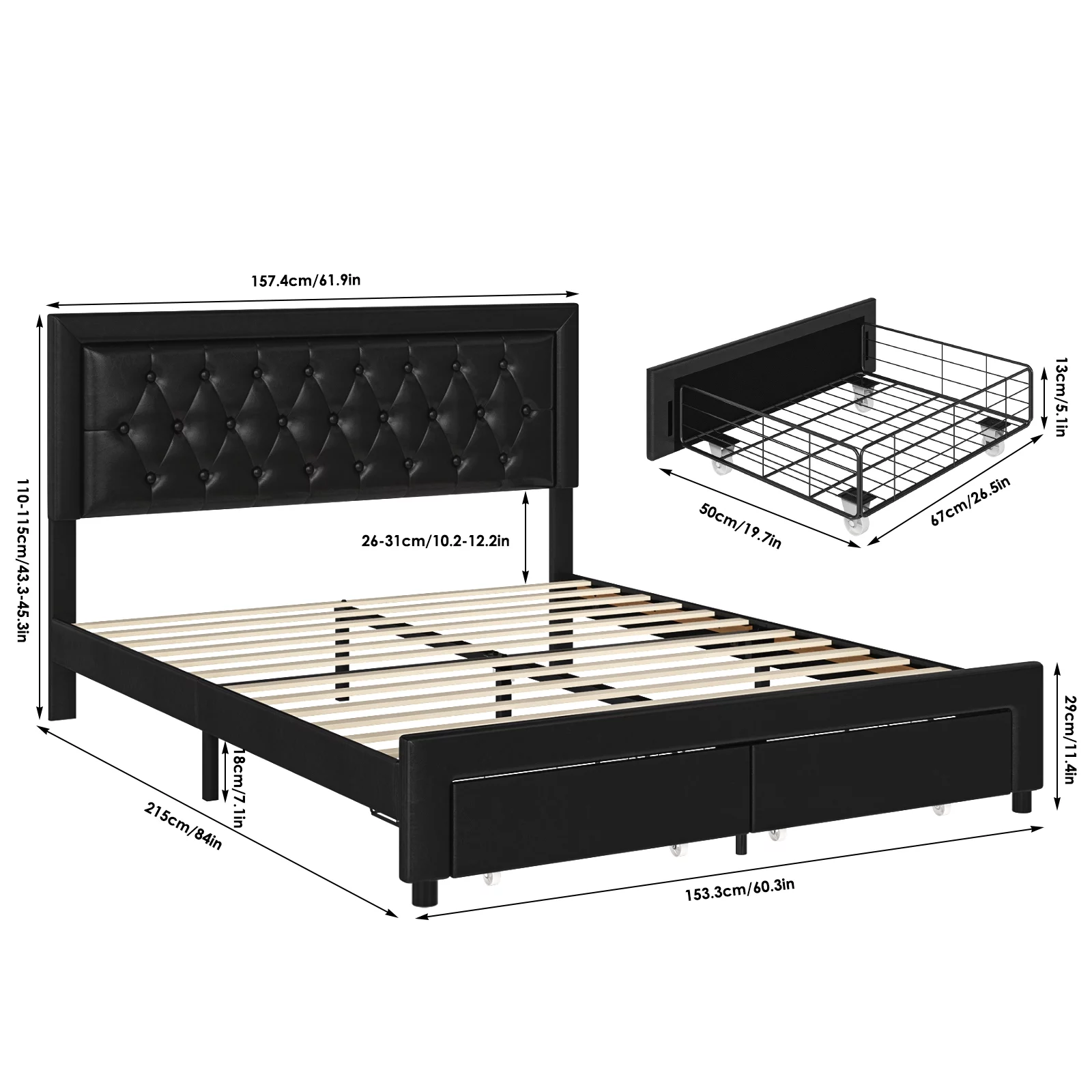 Homfa Queen Size 2 Drawers Bed Frame, PU Leather Upholstered Platform Bed with Adjustable Button Headboard, Black