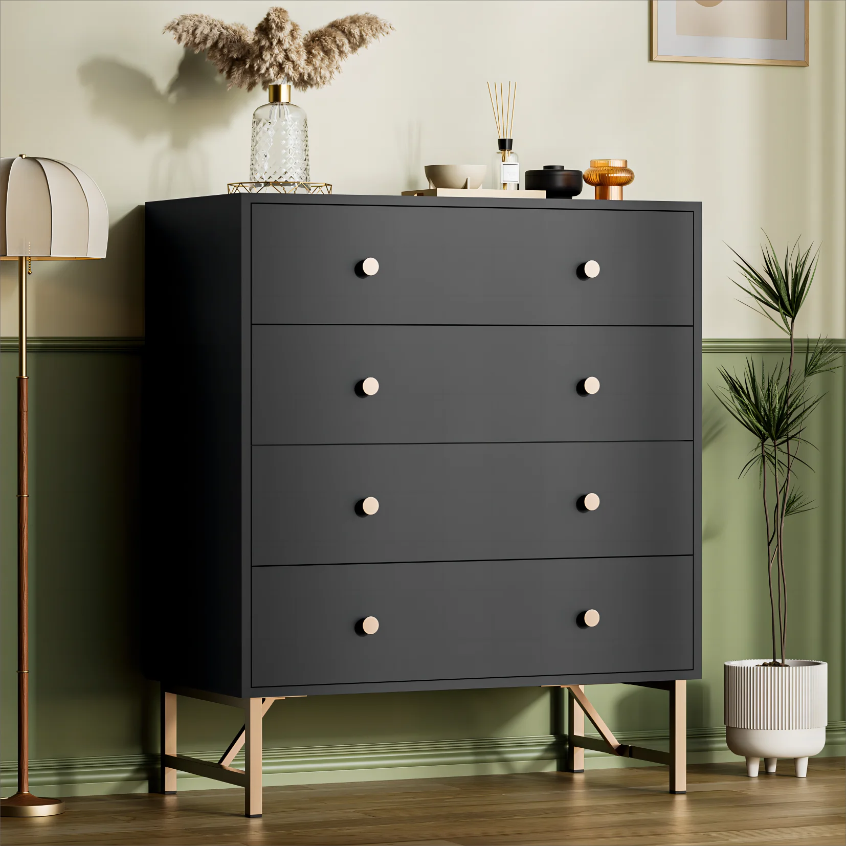 Cozy Castle Modern 4 Drawer Dresser, 4 Drawer Chest of Drawers with Gold Knobles and Legs, Closet Dresser Chest of Drawer for Bedroom, Living Room, Black