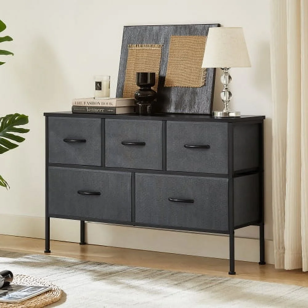 Dresser for Bedroom with 5 Drawers, Wide Chest of Drawers, Fabric Dresser - Dark Gray